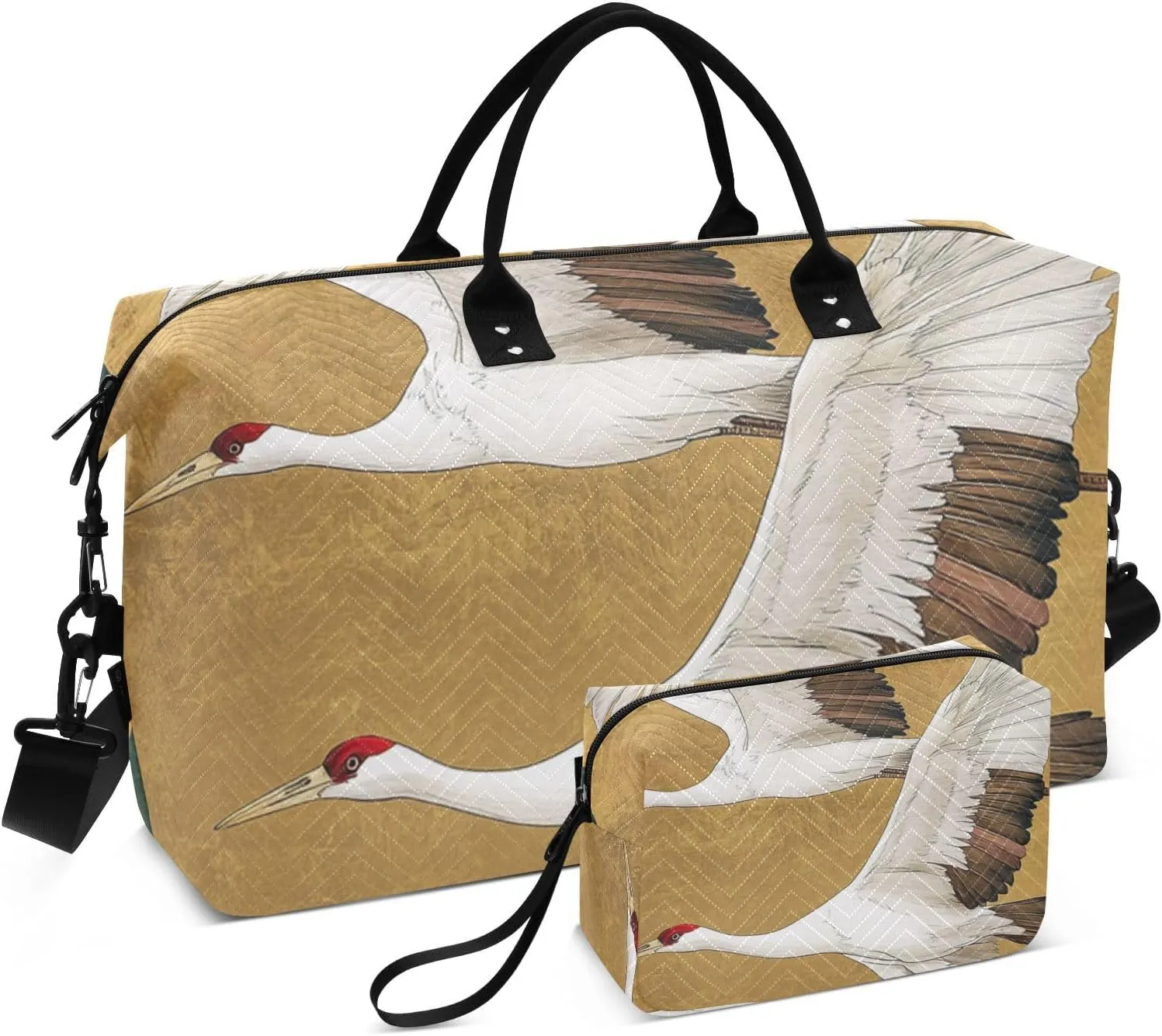 Oversized Travel Duffel Bag Overnight Carry On Tote and Luggage Sports Tote Gym Bag with Adjustable Strap for Sports Waterproof Japanese Bird Red-crowned Crane Retro