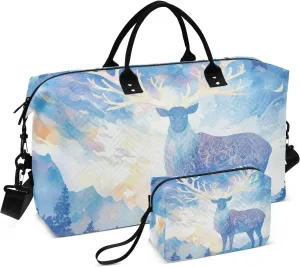 Oversized Travel Duffel Bag Weekend Bag Sport Training Bag with Toiletry Bag for Travel Waterproof Mystical Moonlit Elk Blue