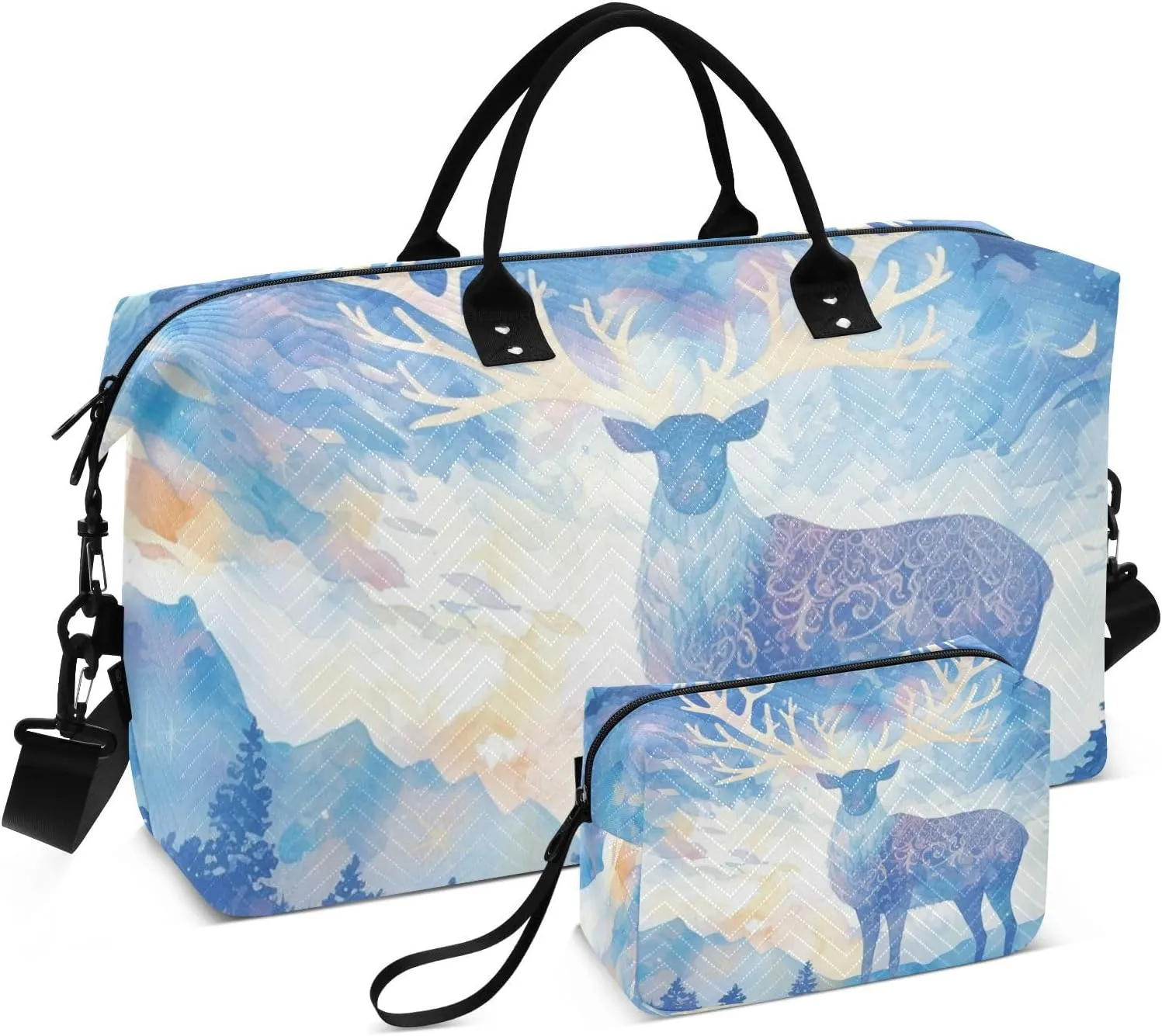 Oversized Travel Duffel Bag Weekend Bag Sport Training Bag with Toiletry Bag for Travel Waterproof Mystical Moonlit Elk Blue