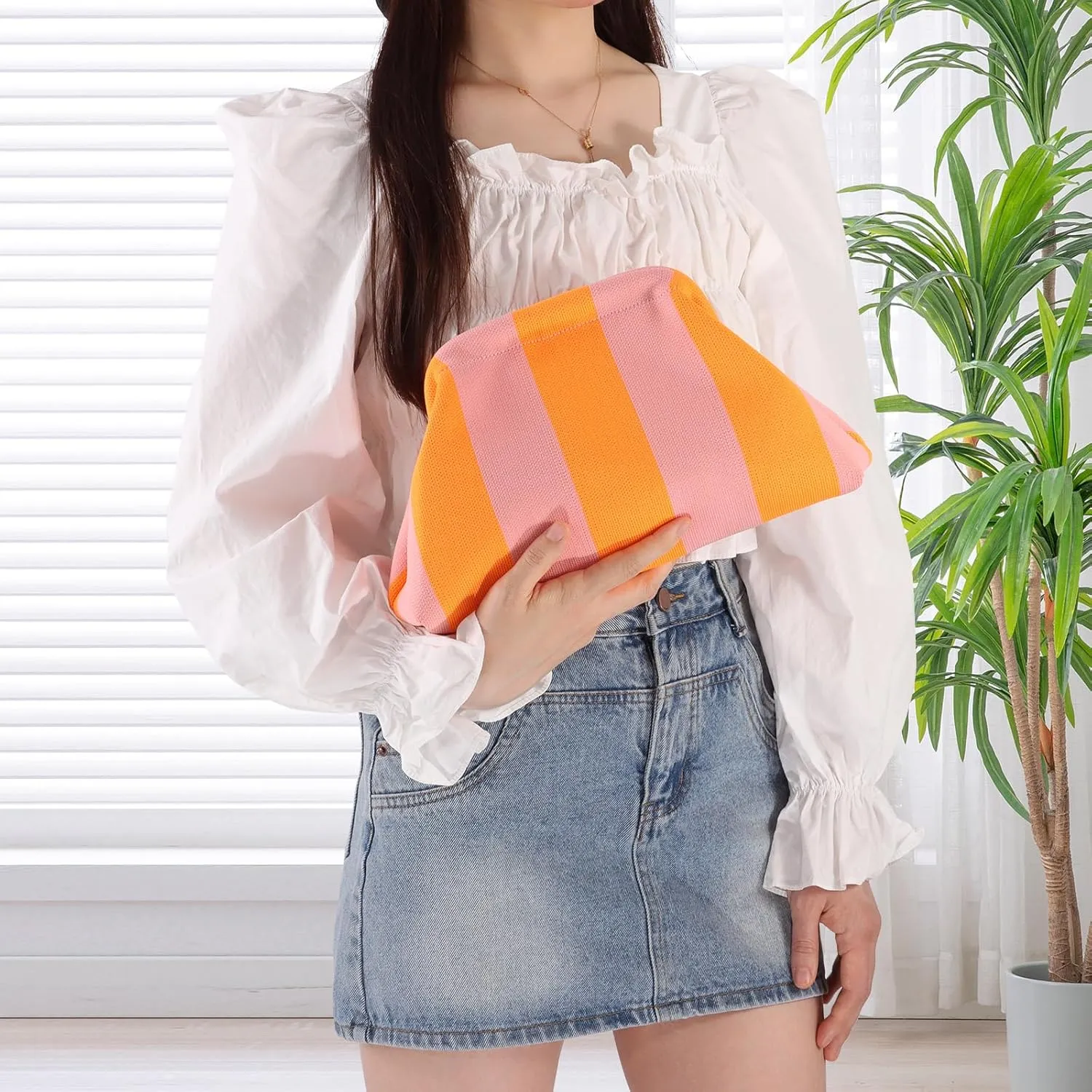 Ovida Colorblock Clutch Purse for Women Summer Beach Dumpling Clutch Crochet Handbag Ruched Cloud Clutch Bag for Party