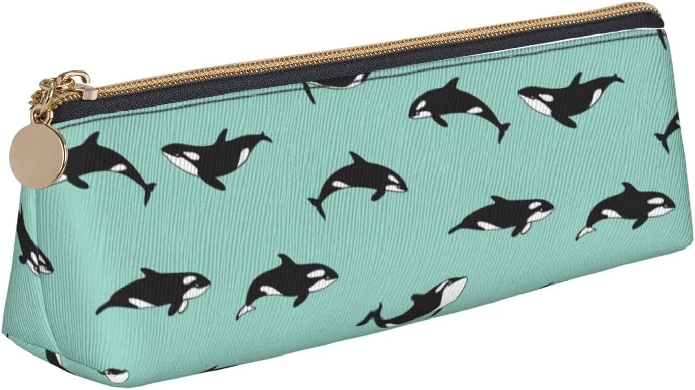 Pacific Ocean Whale Triangle Leather Case Pouch with Spacious Interior, Zipper Closure for Writing Tools, Office, White, One Size, Make-Up Pouch