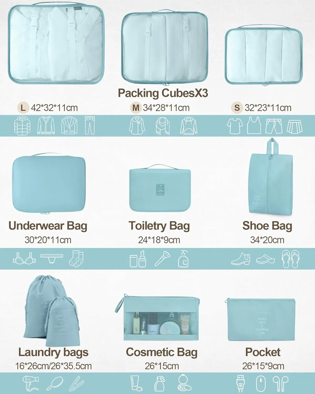 Packing Cubes 10 PCS, Mesh Breathable Luggage Organizers Bags, Packing Organizers, Durable Travel Essentials Bags Set, Travel Packing Organizers, Lake blue