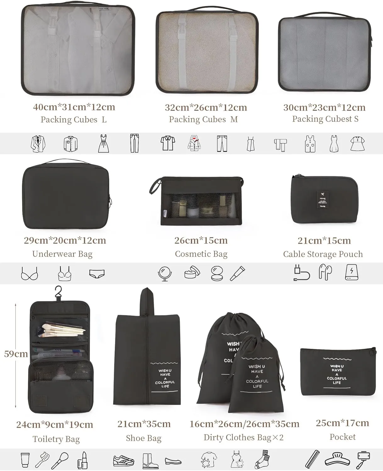 Packing Cubes 11 PCS, Mesh Breathable Luggage Organizers Bags, Packing Organizers, Durable Travel Essentials Bags Set, Travel Packing Organizers, Black