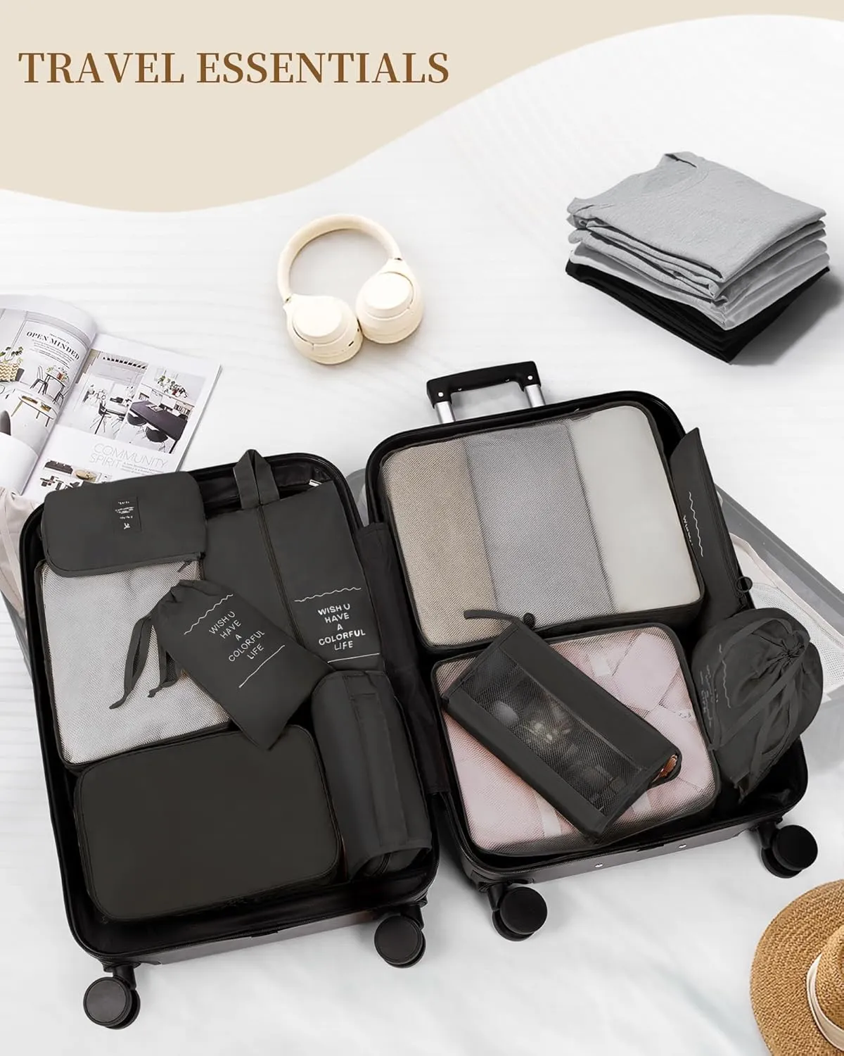 Packing Cubes 11 PCS, Mesh Breathable Luggage Organizers Bags, Packing Organizers, Durable Travel Essentials Bags Set, Travel Packing Organizers, Black