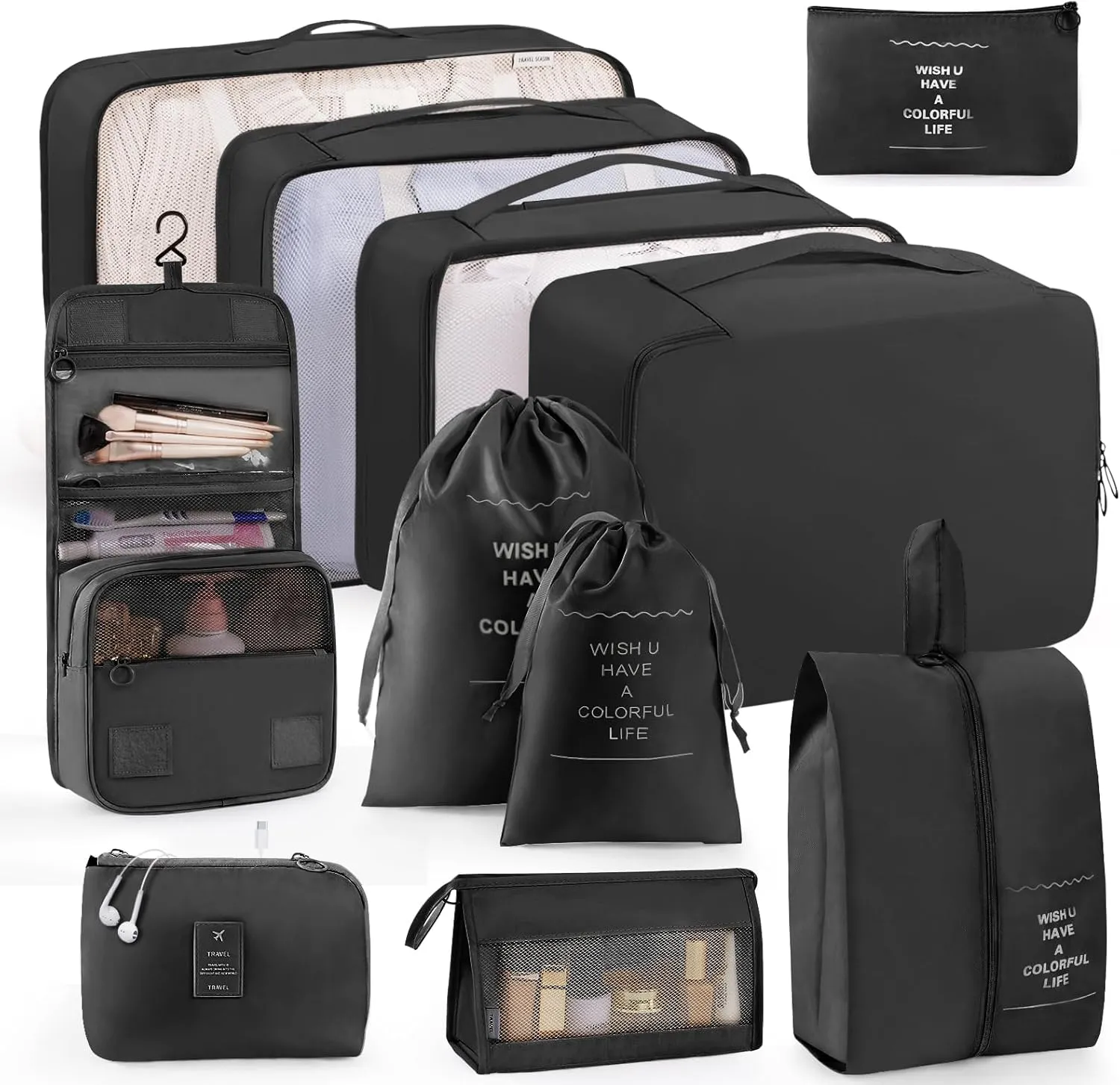 Packing Cubes 11 PCS, Mesh Breathable Luggage Organizers Bags, Packing Organizers, Durable Travel Essentials Bags Set, Travel Packing Organizers, Black