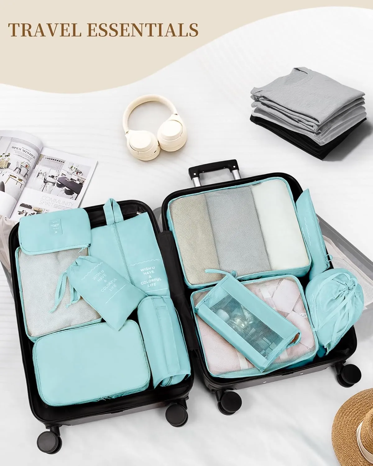 Packing Cubes 11 PCS, Mesh Breathable Luggage Organizers Bags, Packing Organizers, Durable Travel Essentials Bags Set, Travel Packing Organizers, Lake blue