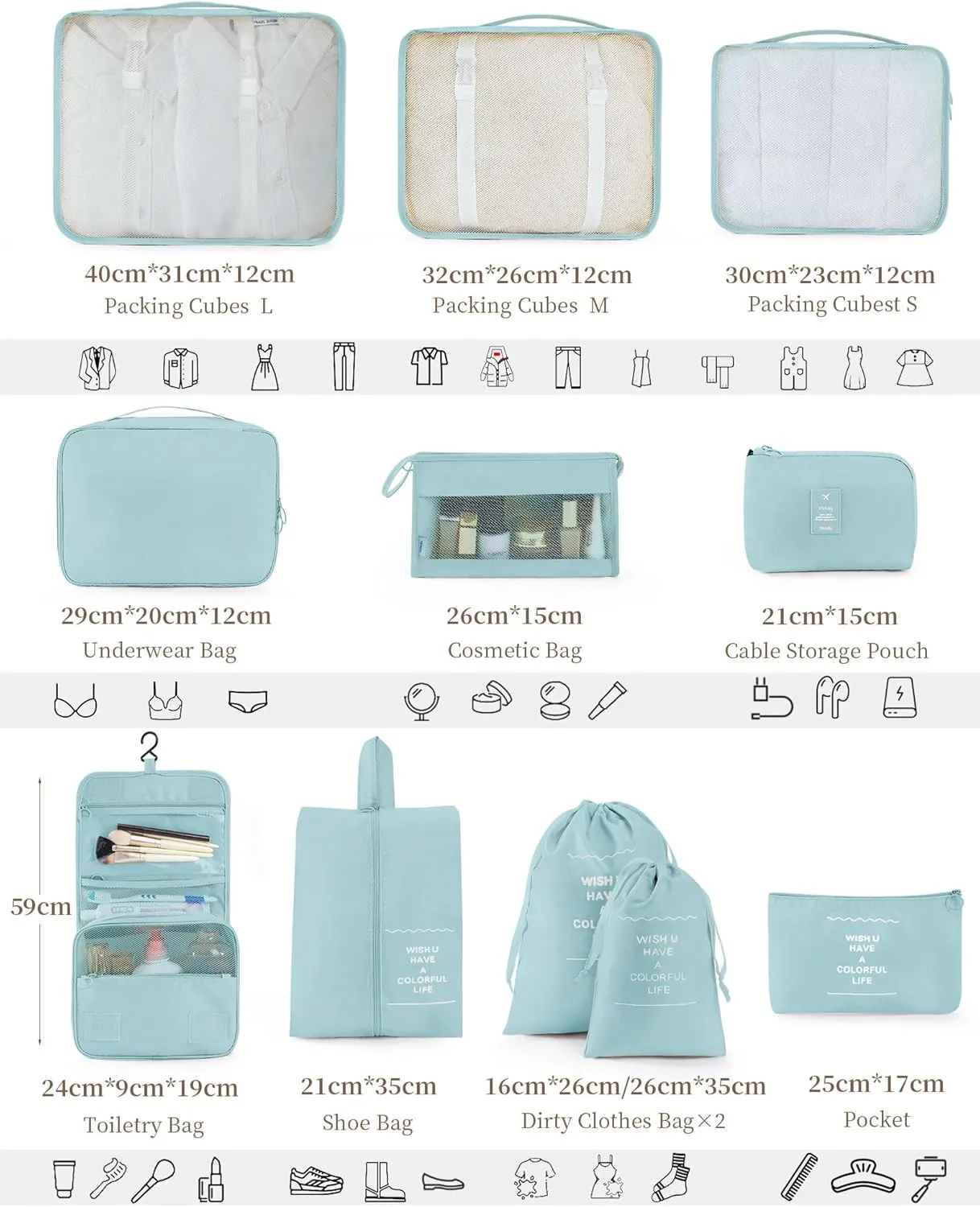 Packing Cubes 11 PCS, Mesh Breathable Luggage Organizers Bags, Packing Organizers, Durable Travel Essentials Bags Set, Travel Packing Organizers, Lake blue