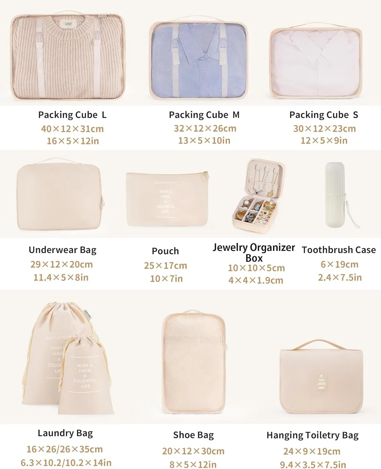 Packing Cubes 11 Set, Suitcase Organizers, Luggage Organizer Bags for Travel, Packing Cubes for Travel, with Toiletry Bag, Travel Essentials,Beige, Cream