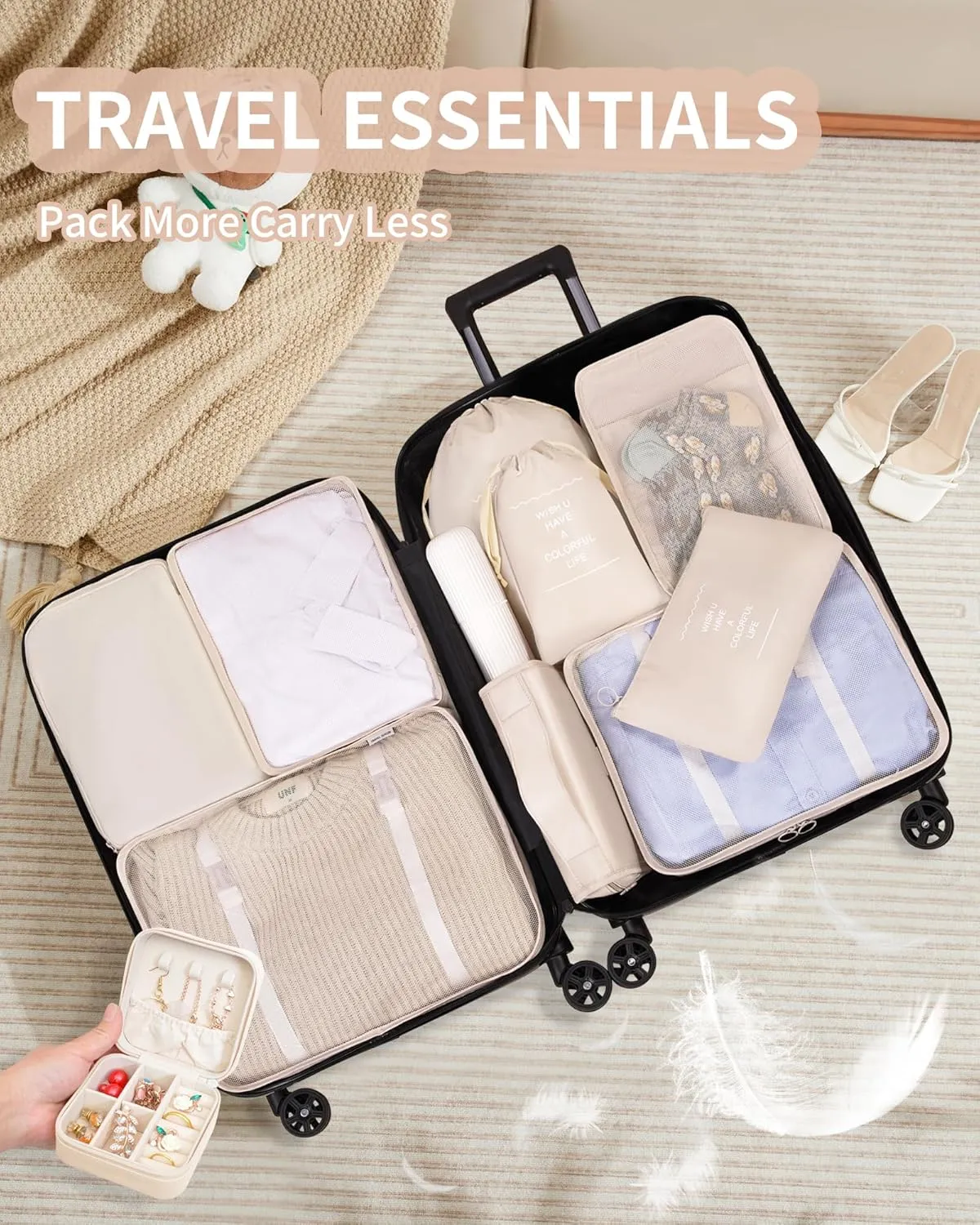 Packing Cubes 11 Set, Suitcase Organizers, Luggage Organizer Bags for Travel, Packing Cubes for Travel, with Toiletry Bag, Travel Essentials,Beige, Cream
