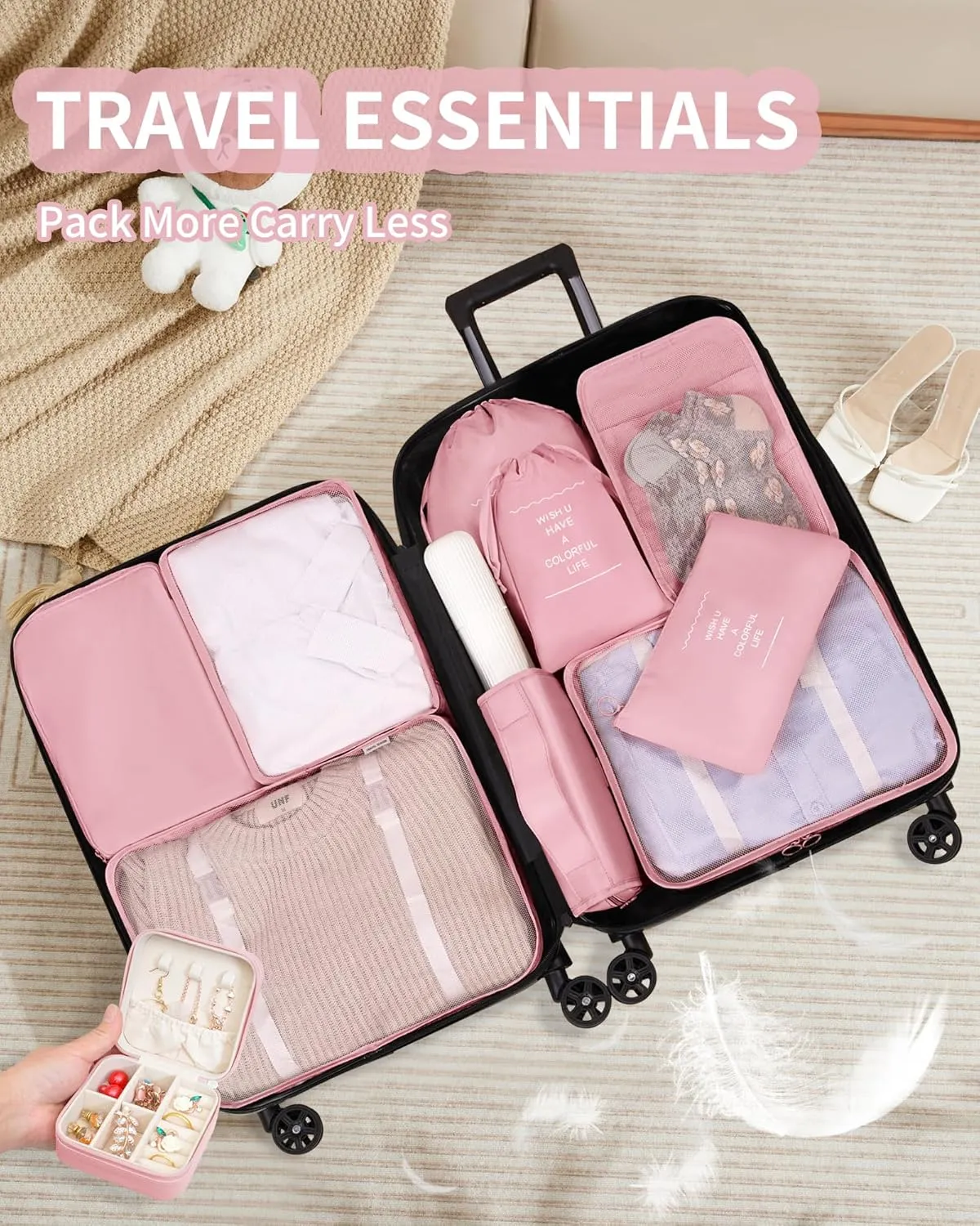 Packing Cubes 11 Set, Suitcase Organizers, Luggage Organizer Bags for Travel, Packing Cubes for Travel, with Toiletry Bag, Travel Essentials,Pink