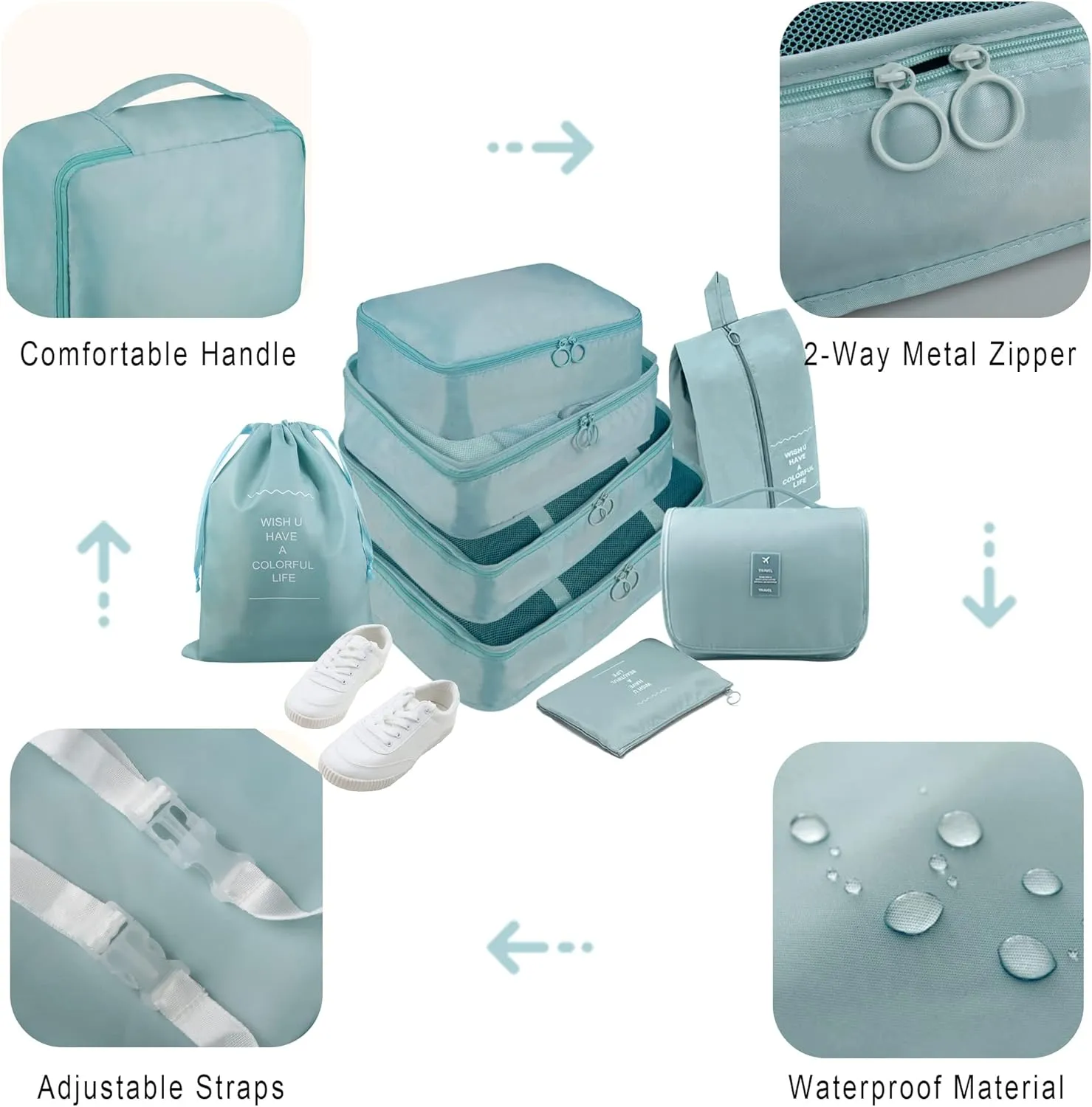 Packing Cubes, 8 Pcs Travel Packing Organizers for Suitcases, Large Capacity Travel Luggage Organizers Set includes 8 Storage Bags, (Light Blue)