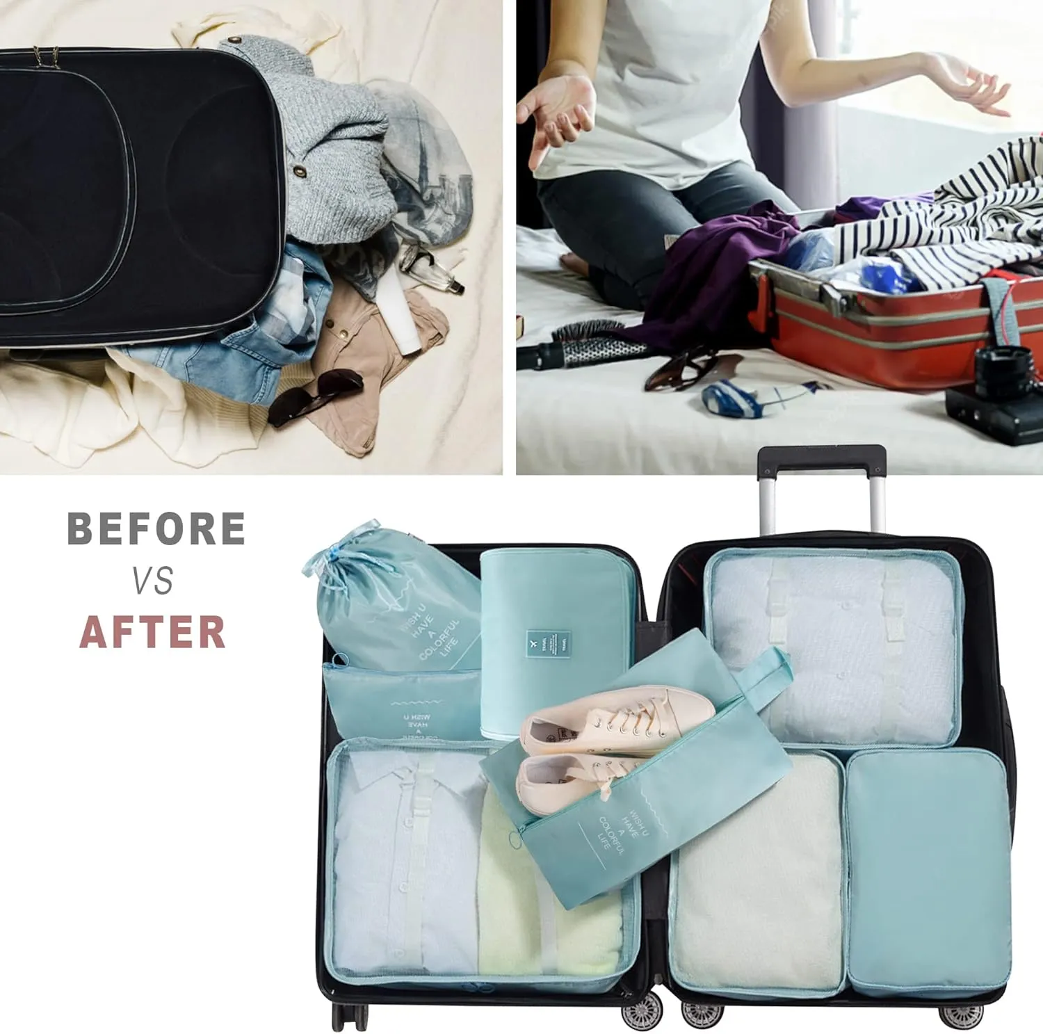 Packing Cubes, 8 Pcs Travel Packing Organizers for Suitcases, Large Capacity Travel Luggage Organizers Set includes 8 Storage Bags, (Light Blue)