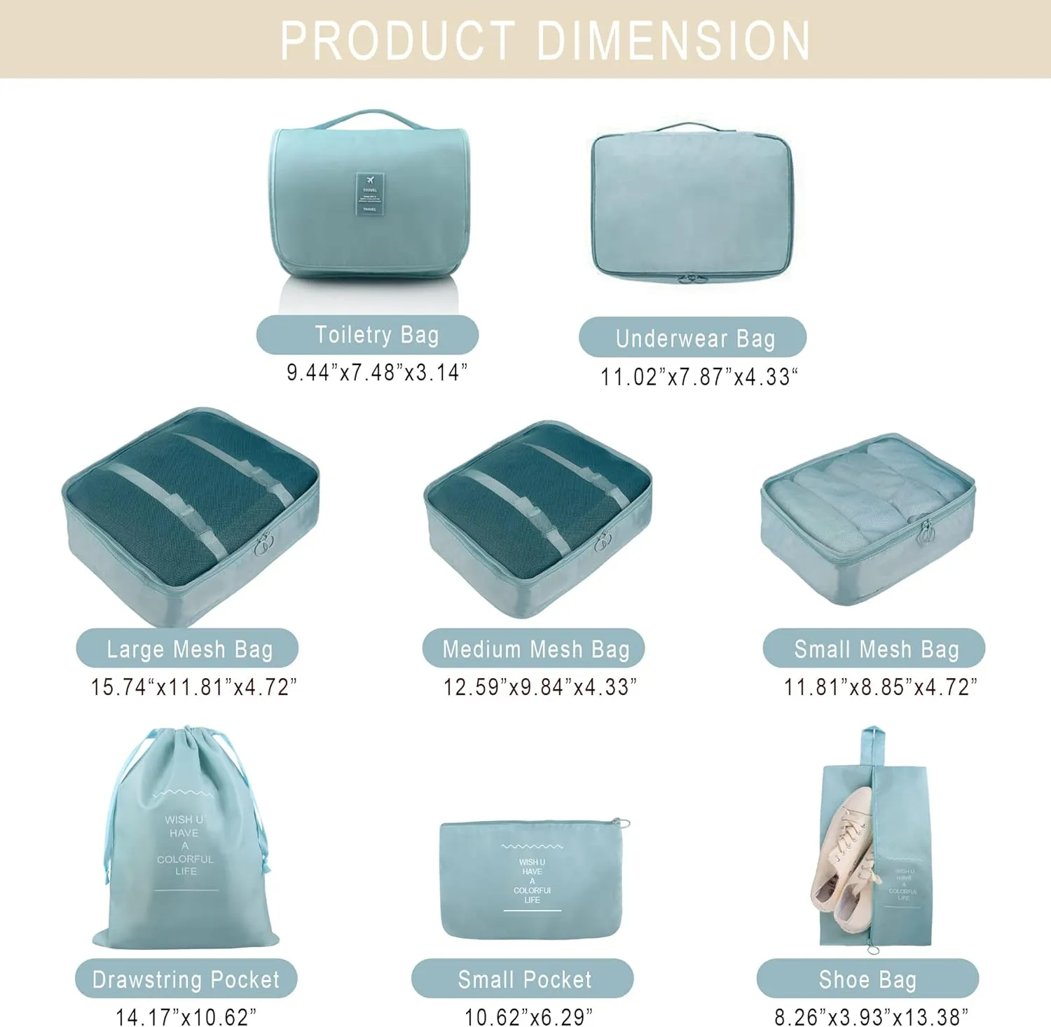 Packing Cubes, 8 Pcs Travel Packing Organizers for Suitcases, Large Capacity Travel Luggage Organizers Set includes 8 Storage Bags, (Light Blue)