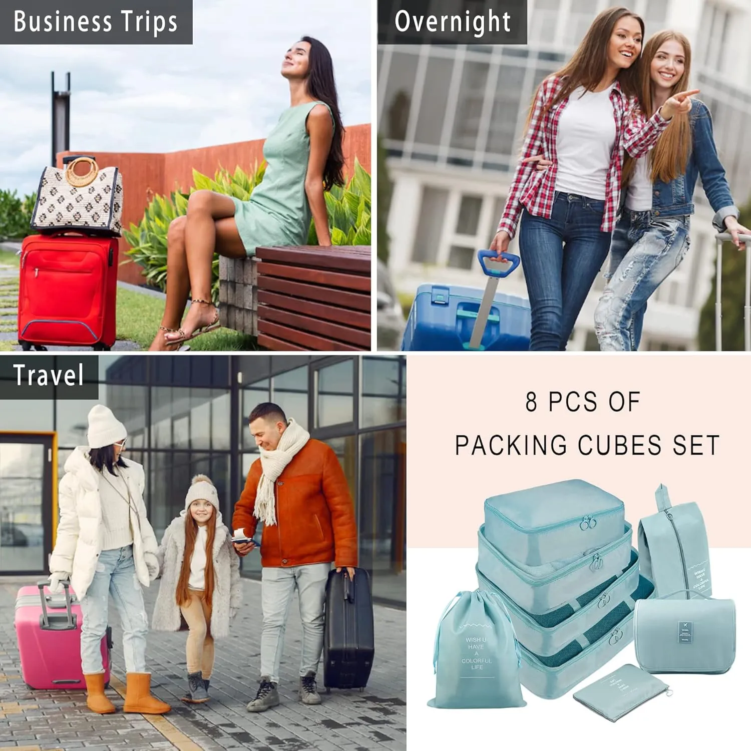 Packing Cubes, 8 Pcs Travel Packing Organizers for Suitcases, Large Capacity Travel Luggage Organizers Set includes 8 Storage Bags, (Light Blue)