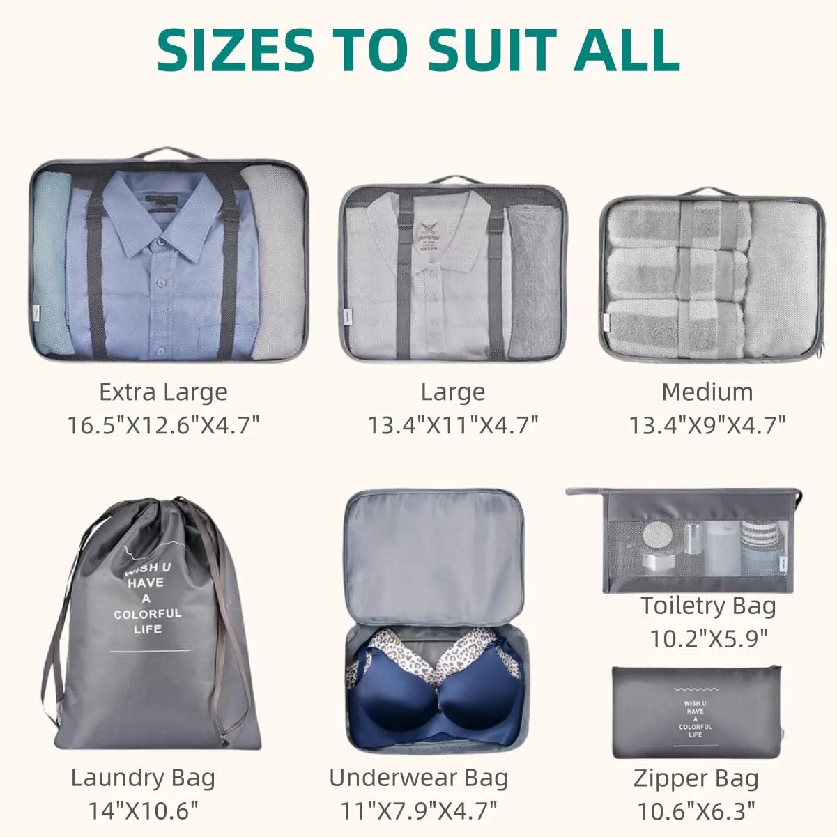 Packing Cubes VAGREEZ 7 Pcs Travel Luggage Packing Organizers Set with Toiletry Bag (Gray)