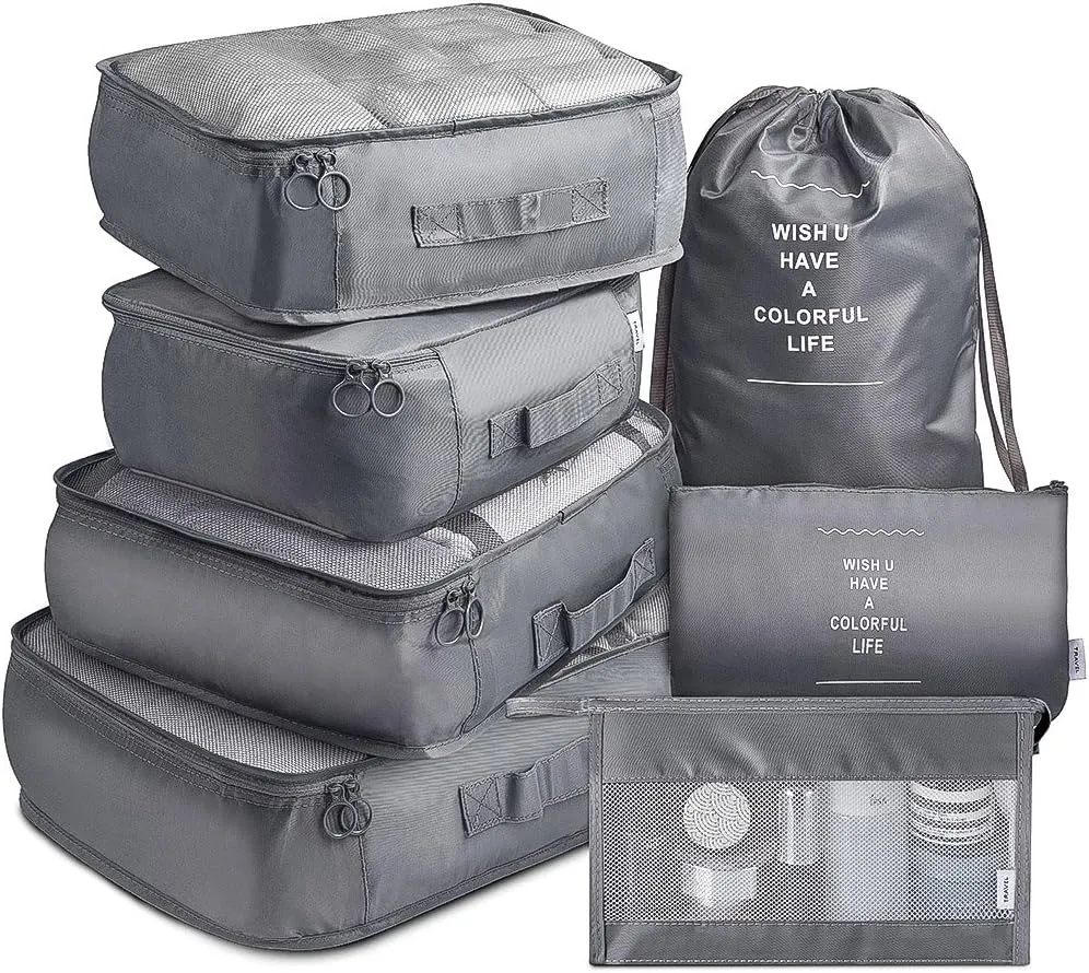 Packing Cubes VAGREEZ 7 Pcs Travel Luggage Packing Organizers Set with Toiletry Bag (Gray)