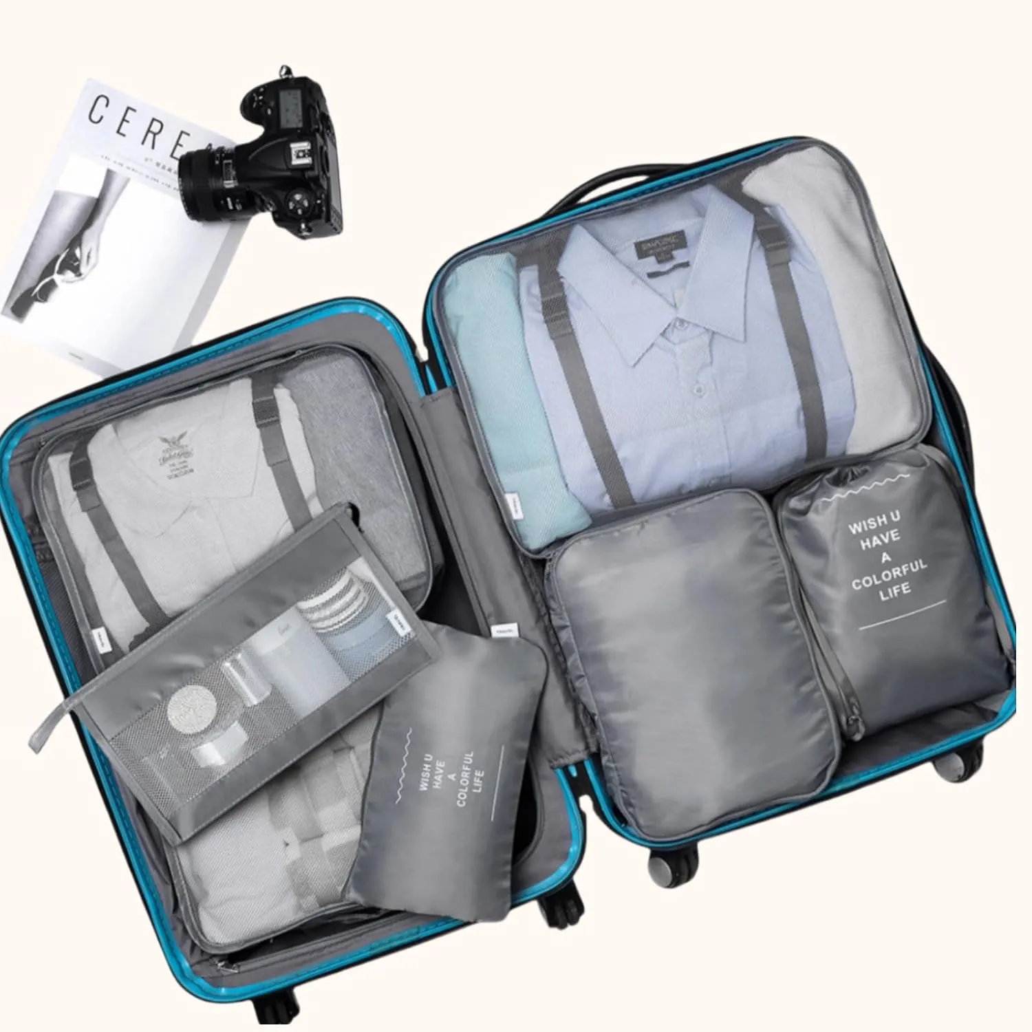 Packing Cubes VAGREEZ 7 Pcs Travel Luggage Packing Organizers Set with Toiletry Bag (Gray)