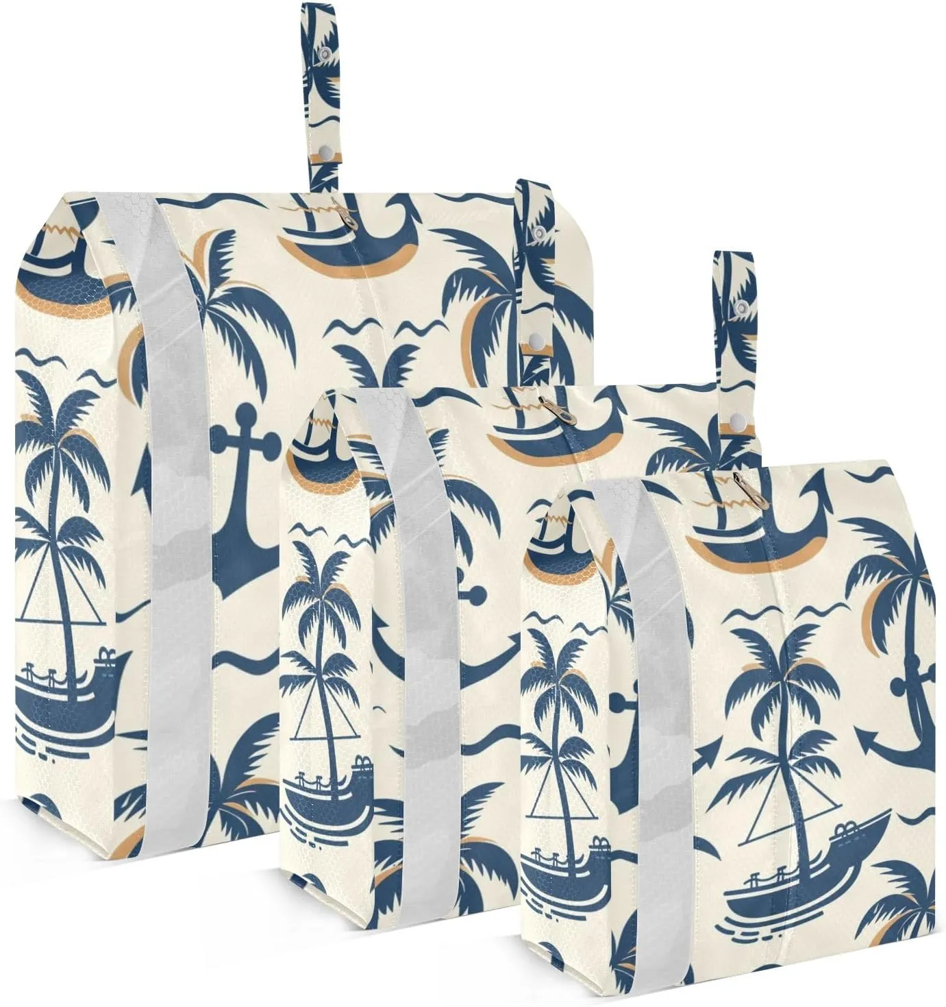 Packing Travel Organizer Cartoon Coconut Tree Spear and Waves 3 Piece Zipper Bag Set