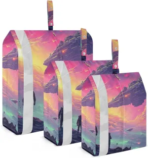 Packing Travel Organizer Men and Spacecraft under Purple Clouds 3 Piece Zipper Bag Set