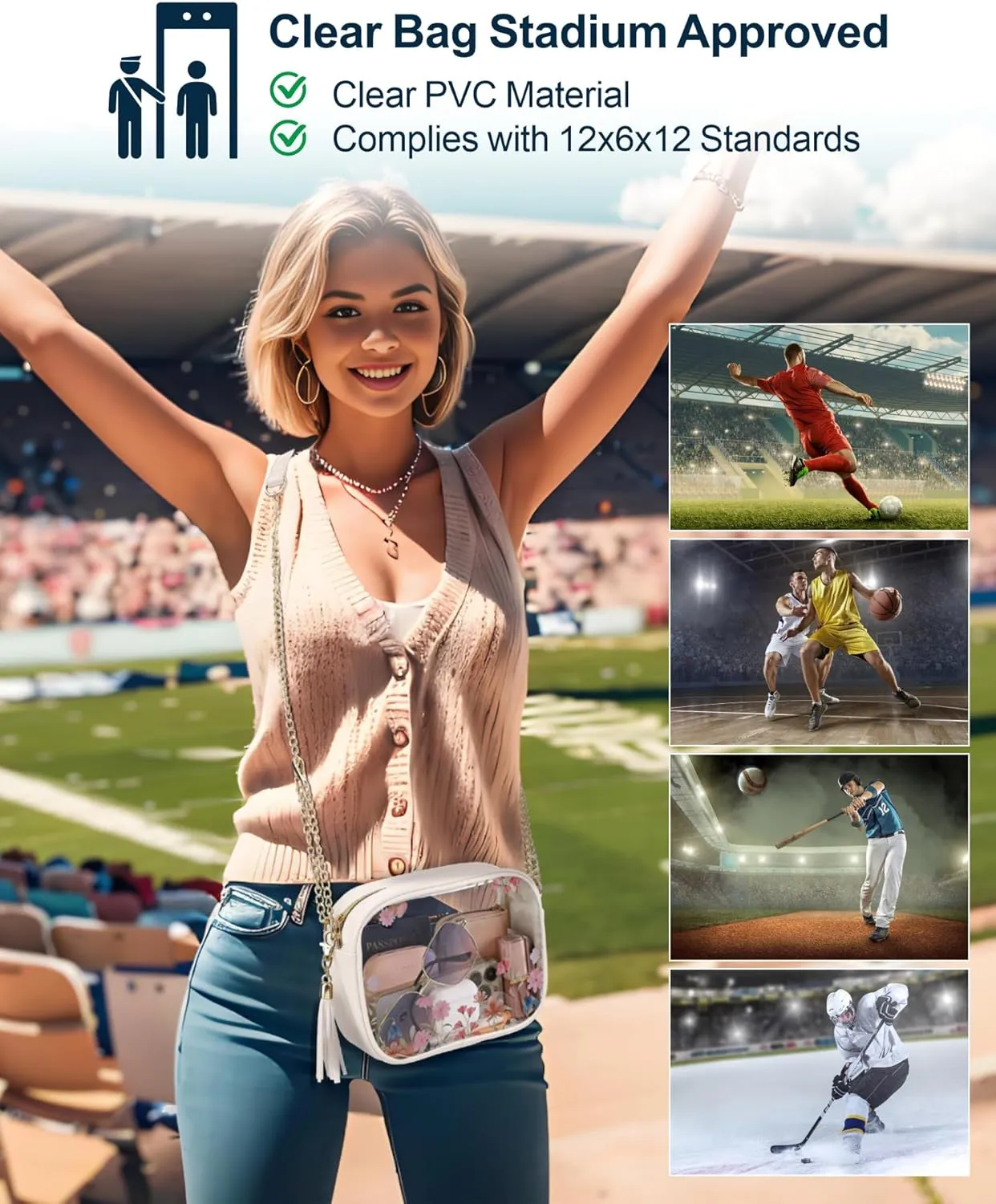 PACKISM Clear Bag for Stadium Events - Clear Purses for Women Stadium Crossbody Concert Bag for Game Day， Sports, Festival