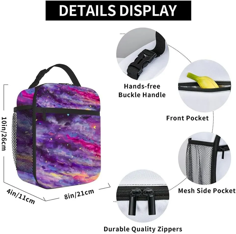Painting Abstract starry sky Violet pink abstract Handpainted acrylic Insulated Iunch Bag for Men Woman Large Portable Waterproof Reusable Thermal Lunch Box with Pockets for Work Travel Picnic