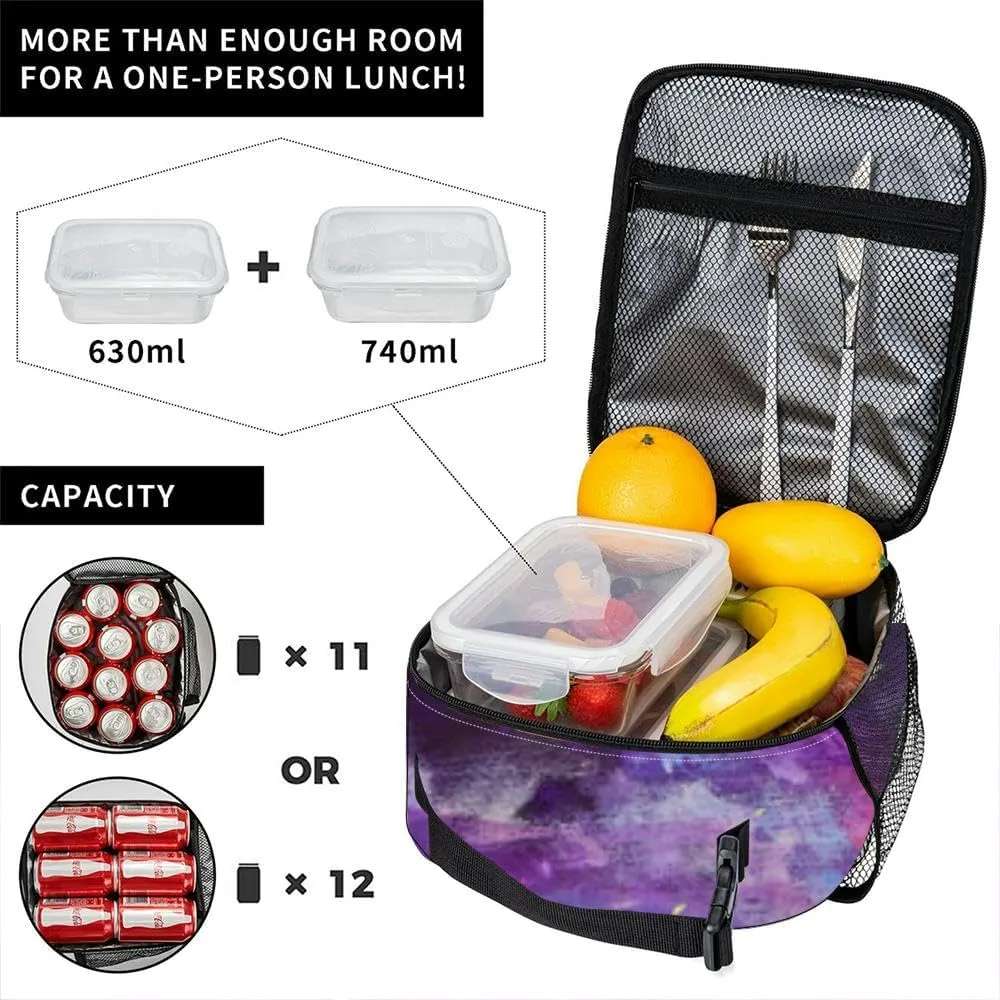 Painting Abstract starry sky Violet pink abstract Handpainted acrylic Insulated Iunch Bag for Men Woman Large Portable Waterproof Reusable Thermal Lunch Box with Pockets for Work Travel Picnic