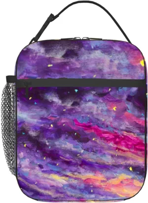 Painting Abstract starry sky Violet pink abstract Handpainted acrylic Insulated Iunch Bag for Men Woman Large Portable Waterproof Reusable Thermal Lunch Box with Pockets for Work Travel Picnic