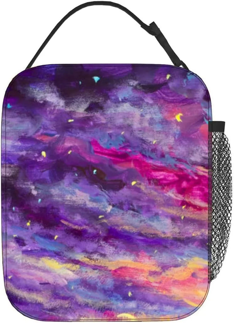 Painting Abstract starry sky Violet pink abstract Handpainted acrylic Insulated Iunch Bag for Men Woman Large Portable Waterproof Reusable Thermal Lunch Box with Pockets for Work Travel Picnic