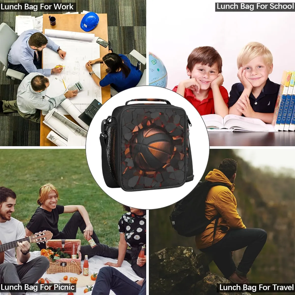 Painting Basketball Crash Lunch Bag Insulated Portable Reusable Lunch Box For Women, Teens Thermal Lunch Bag Adult Lunch Tote Boys Girls Lunchbox For Work Office School Picnic Beach