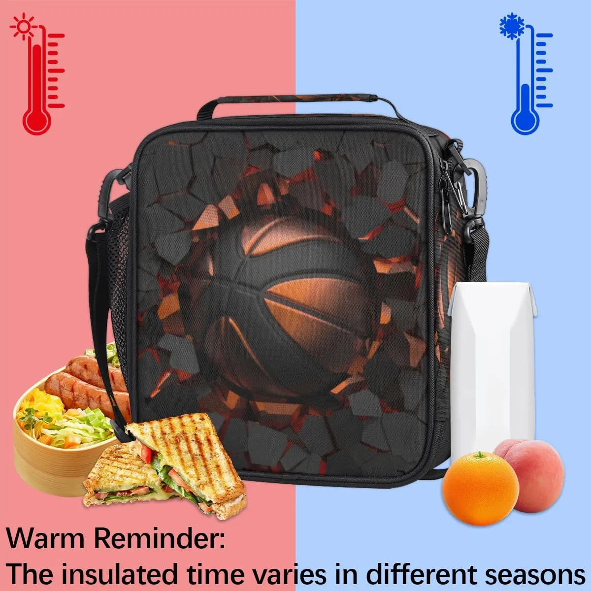 Painting Basketball Crash Lunch Bag Insulated Portable Reusable Lunch Box For Women, Teens Thermal Lunch Bag Adult Lunch Tote Boys Girls Lunchbox For Work Office School Picnic Beach