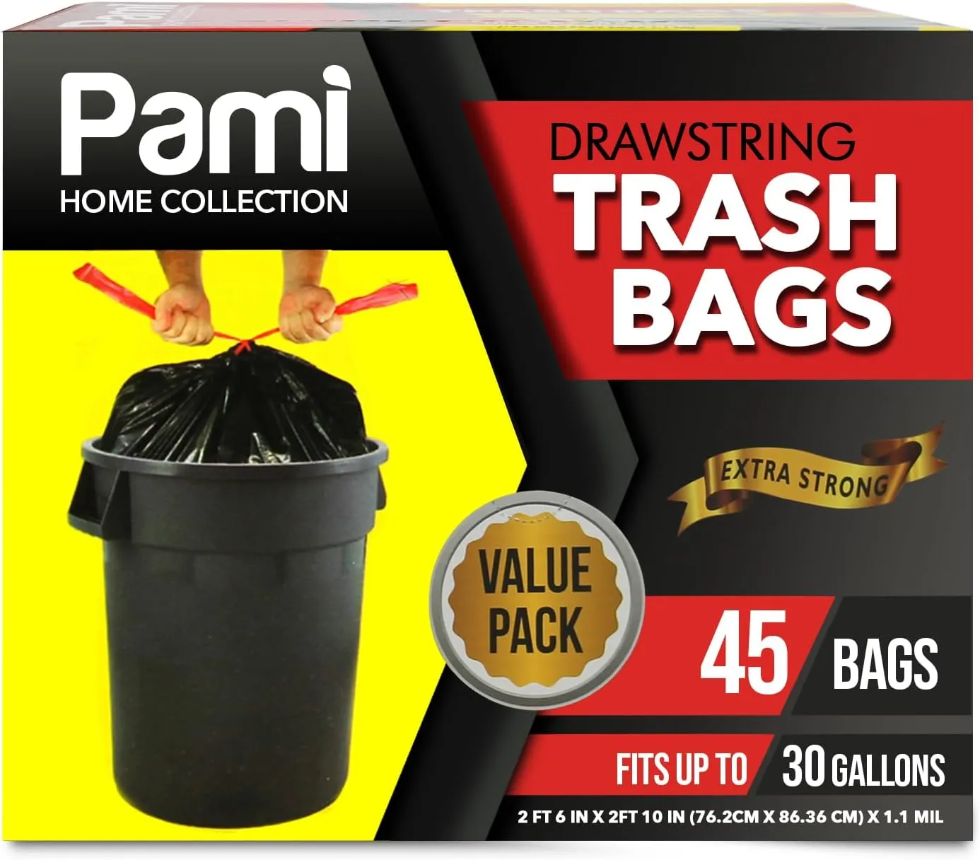 PAMI Large 30-Gallon Drawstring Trash Bags [45-Pack, Black] - Multipurpose Extra-Strong Plastic Garbage Bags- Thick Unscented Trash Can Liners For Kitchen, Bathroom, Lawn, Outdoor Bins- 2ft x2ft