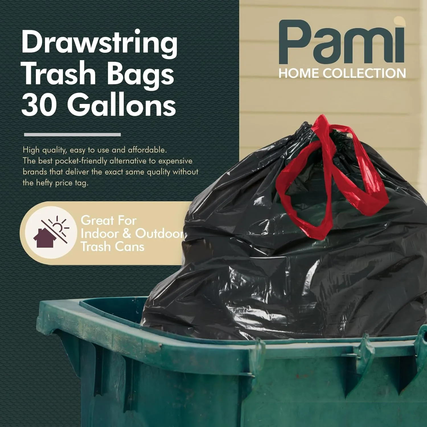PAMI Large 30-Gallon Drawstring Trash Bags [45-Pack, Black] - Multipurpose Extra-Strong Plastic Garbage Bags- Thick Unscented Trash Can Liners For Kitchen, Bathroom, Lawn, Outdoor Bins- 2ft x2ft