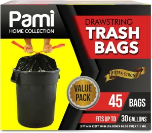 PAMI Large 30-Gallon Drawstring Trash Bags [45-Pack, Black] - Multipurpose Extra-Strong Plastic Garbage Bags- Thick Unscented Trash Can Liners For Kitchen, Bathroom, Lawn, Outdoor Bins- 2ft x2ft