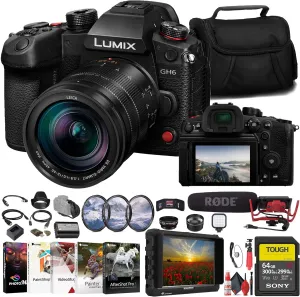 Panasonic Lumix GH6 Mirrorless Camera with 12-60mm f/2.8-4 Lens (DC-GH6LK)   4K Monitor   VideoMic   64GB Tough SD Card   Filter Kit   Wide Angle Lens   Telephoto Lens   Lens Hood   More (Renewed)