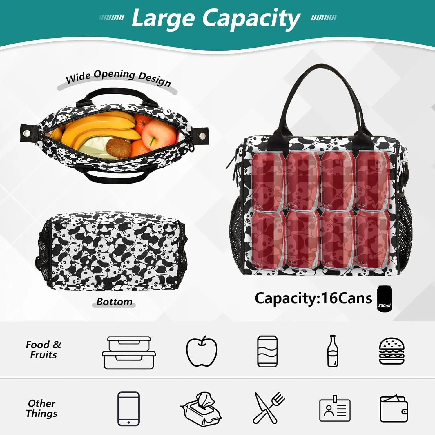 Panda Lunch Bag Reusable Lunch Box for Men Women Adults, Insulated Cooler Tote Bag Container with Adjustable Shoulder Strap for Travel Office Picnic Hiking Beach Medium