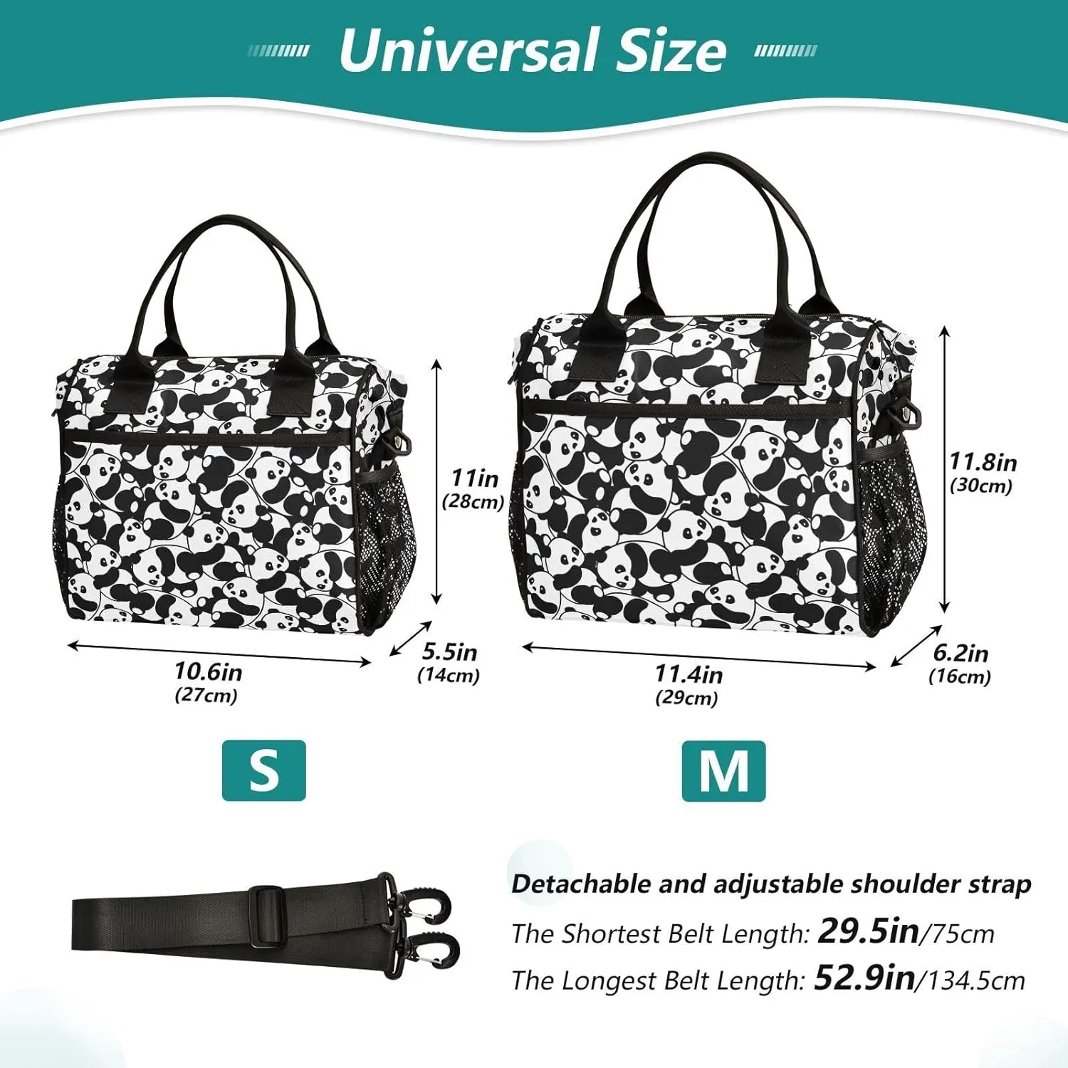 Panda Lunch Bag Reusable Lunch Box for Men Women Adults, Insulated Cooler Tote Bag Container with Adjustable Shoulder Strap for Travel Office Picnic Hiking Beach Medium