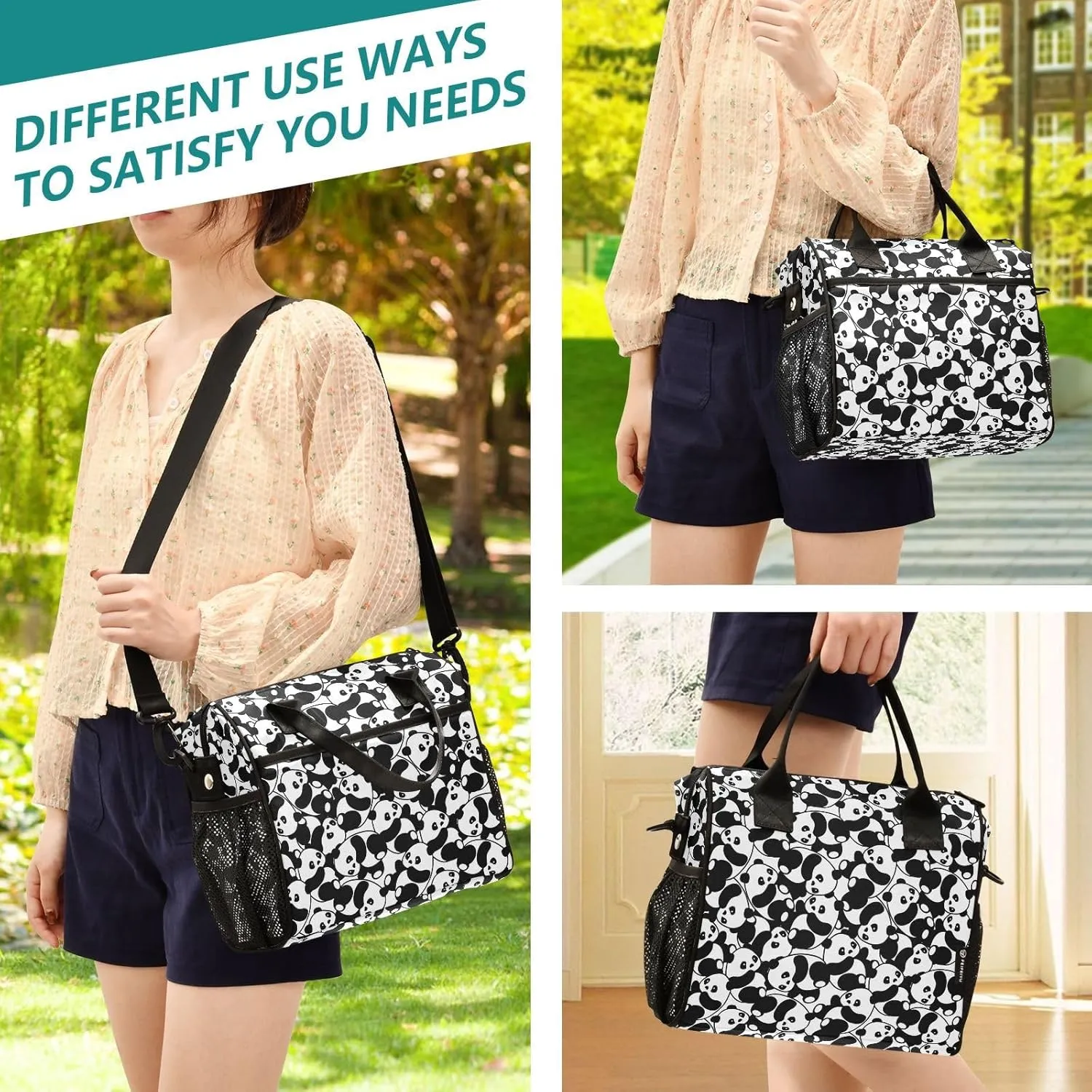 Panda Lunch Bag Reusable Lunch Box for Men Women Adults, Insulated Cooler Tote Bag Container with Adjustable Shoulder Strap for Travel Office Picnic Hiking Beach Medium