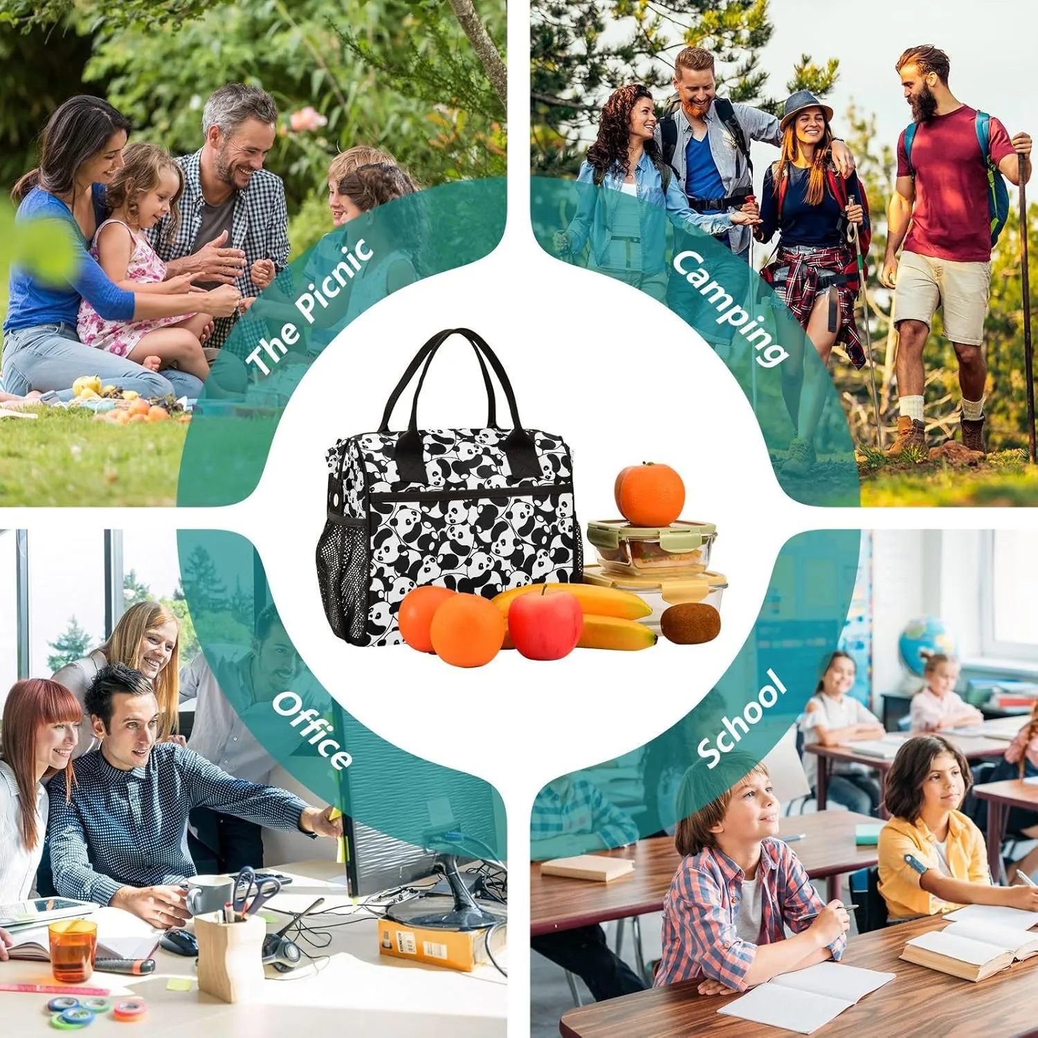 Panda Lunch Bag Reusable Lunch Box for Men Women Adults, Insulated Cooler Tote Bag Container with Adjustable Shoulder Strap for Travel Office Picnic Hiking Beach Medium