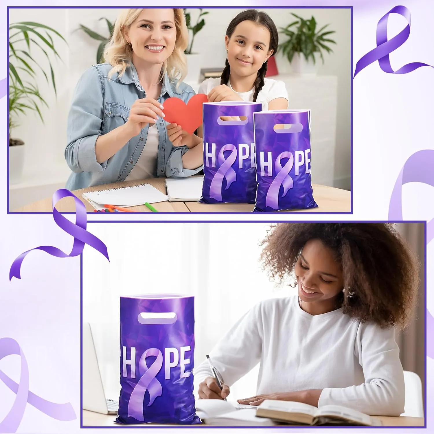 Panelee 100 Pcs Purple Ribbon Awareness Plastic Gift Bags with Handle Purple Hope Goody Treat Bags for Domestic Violence, Animal Abuse, Alzheimer's, Lupus and Pancreatic Cancer Society Events Supplies