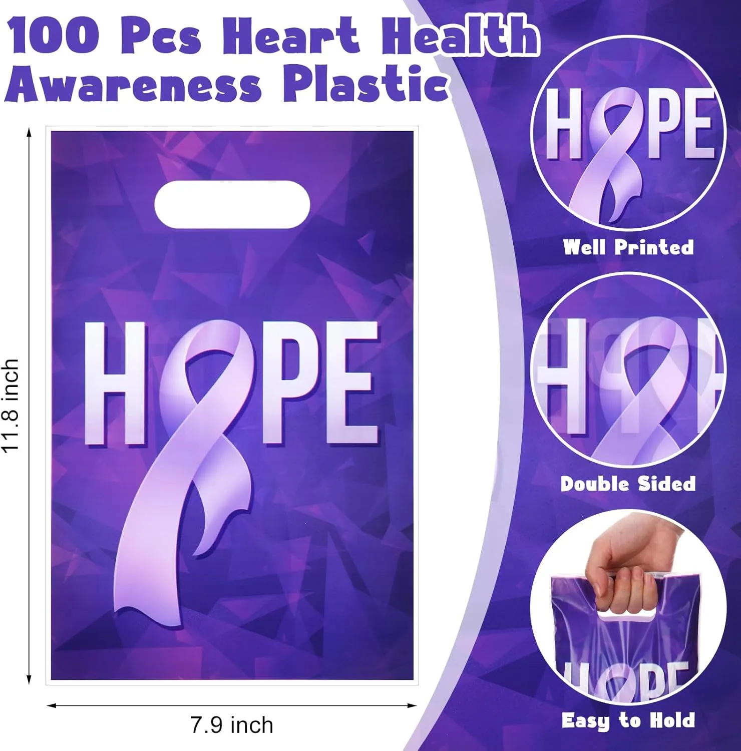 Panelee 100 Pcs Purple Ribbon Awareness Plastic Gift Bags with Handle Purple Hope Goody Treat Bags for Domestic Violence, Animal Abuse, Alzheimer's, Lupus and Pancreatic Cancer Society Events Supplies