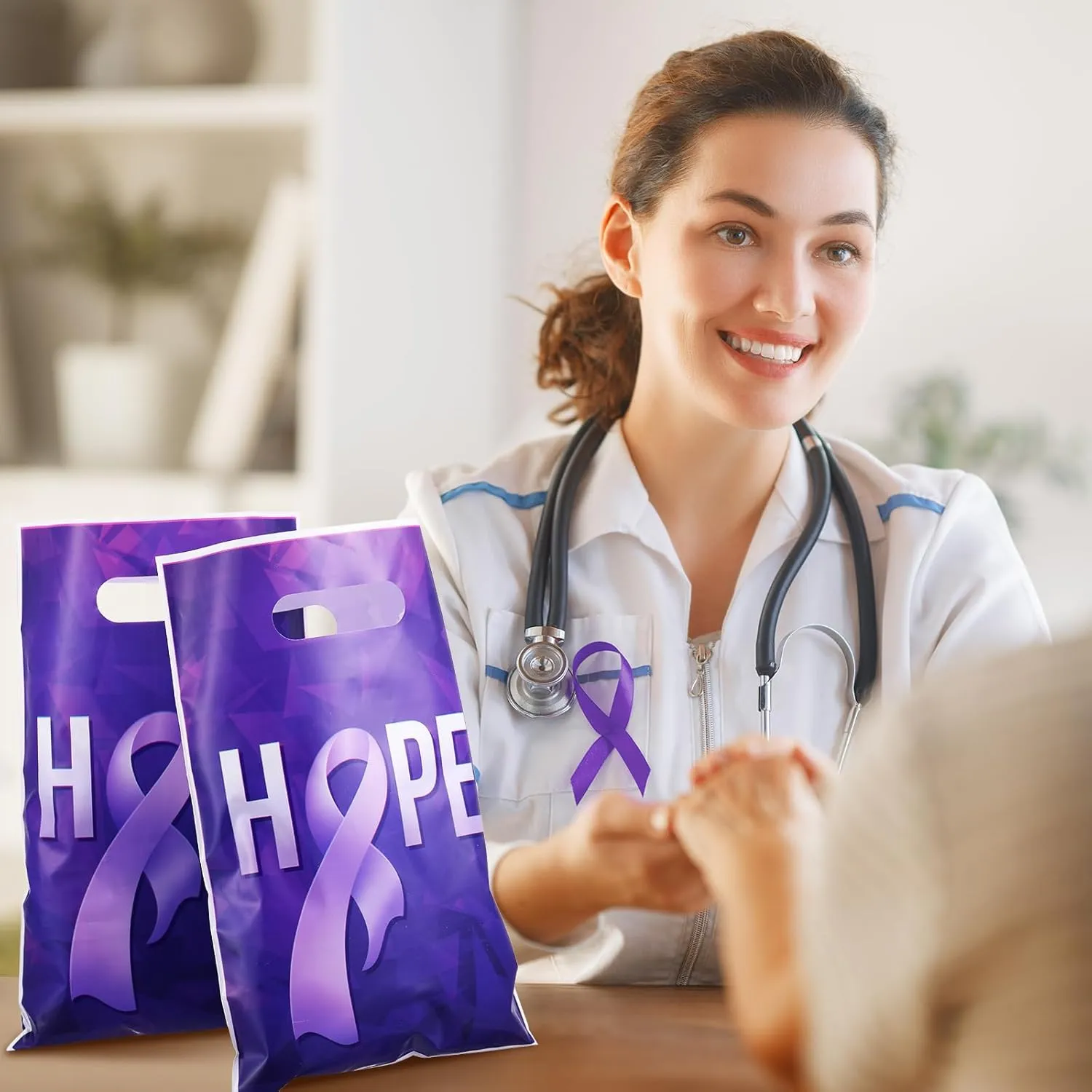 Panelee 100 Pcs Purple Ribbon Awareness Plastic Gift Bags with Handle Purple Hope Goody Treat Bags for Domestic Violence, Animal Abuse, Alzheimer's, Lupus and Pancreatic Cancer Society Events Supplies