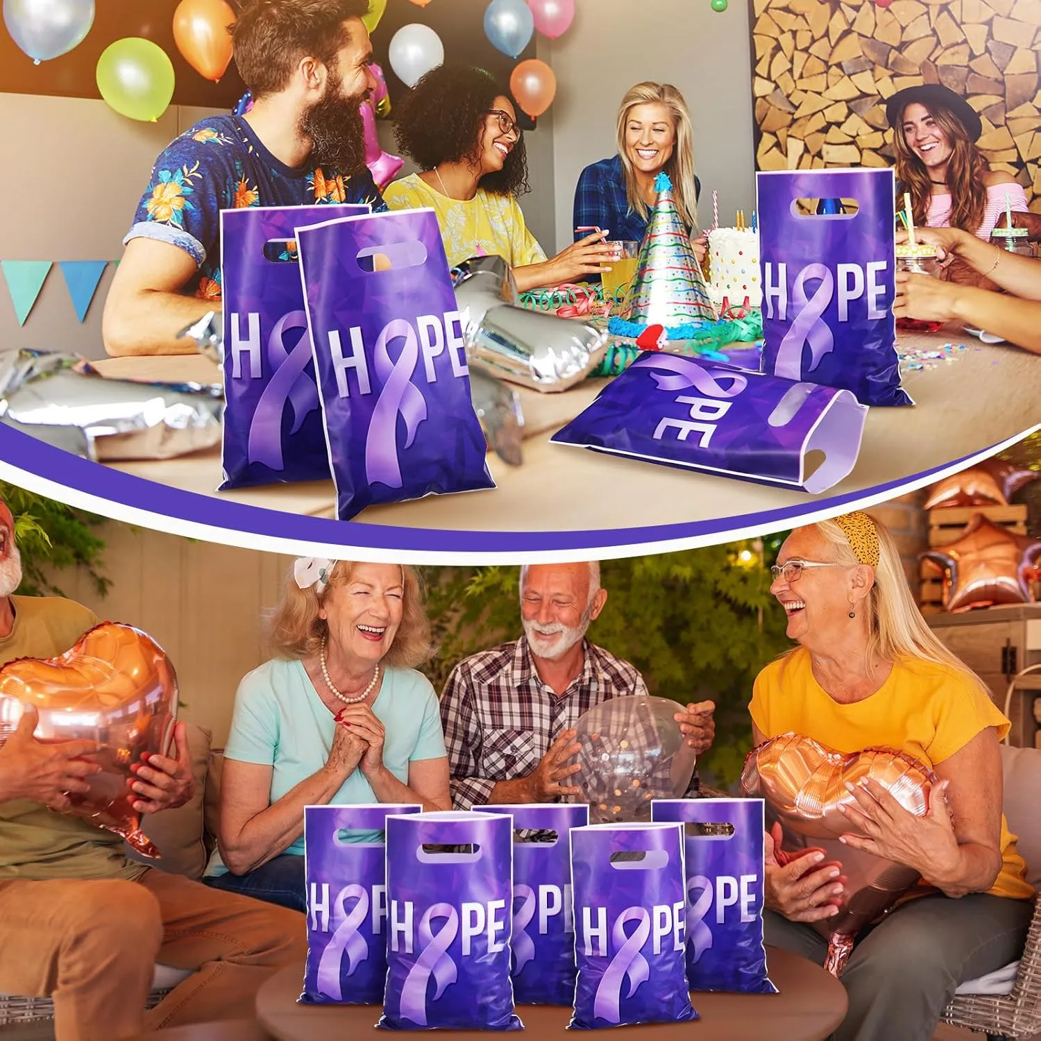 Panelee 100 Pcs Purple Ribbon Awareness Plastic Gift Bags with Handle Purple Hope Goody Treat Bags for Domestic Violence, Animal Abuse, Alzheimer's, Lupus and Pancreatic Cancer Society Events Supplies