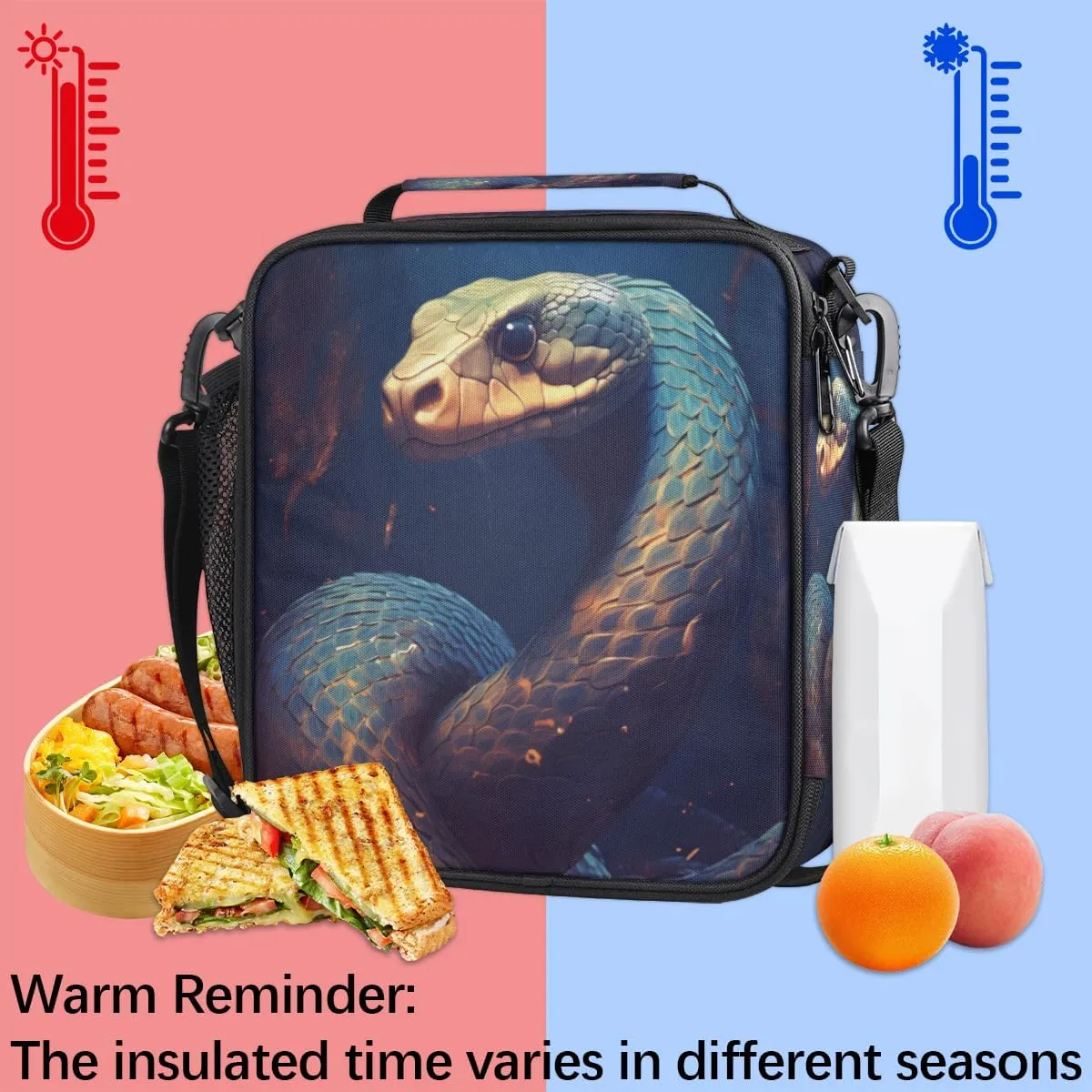 Pardick Cool Snake Insulated Lunch Bag Animal Snake Lunch Box for with Girls Boy Kids Women Men Cooler Lunch Bag Adjustable Shoulder Strap Reusable Thermal Lunch Bag for School Work Picnic Lunch Pail