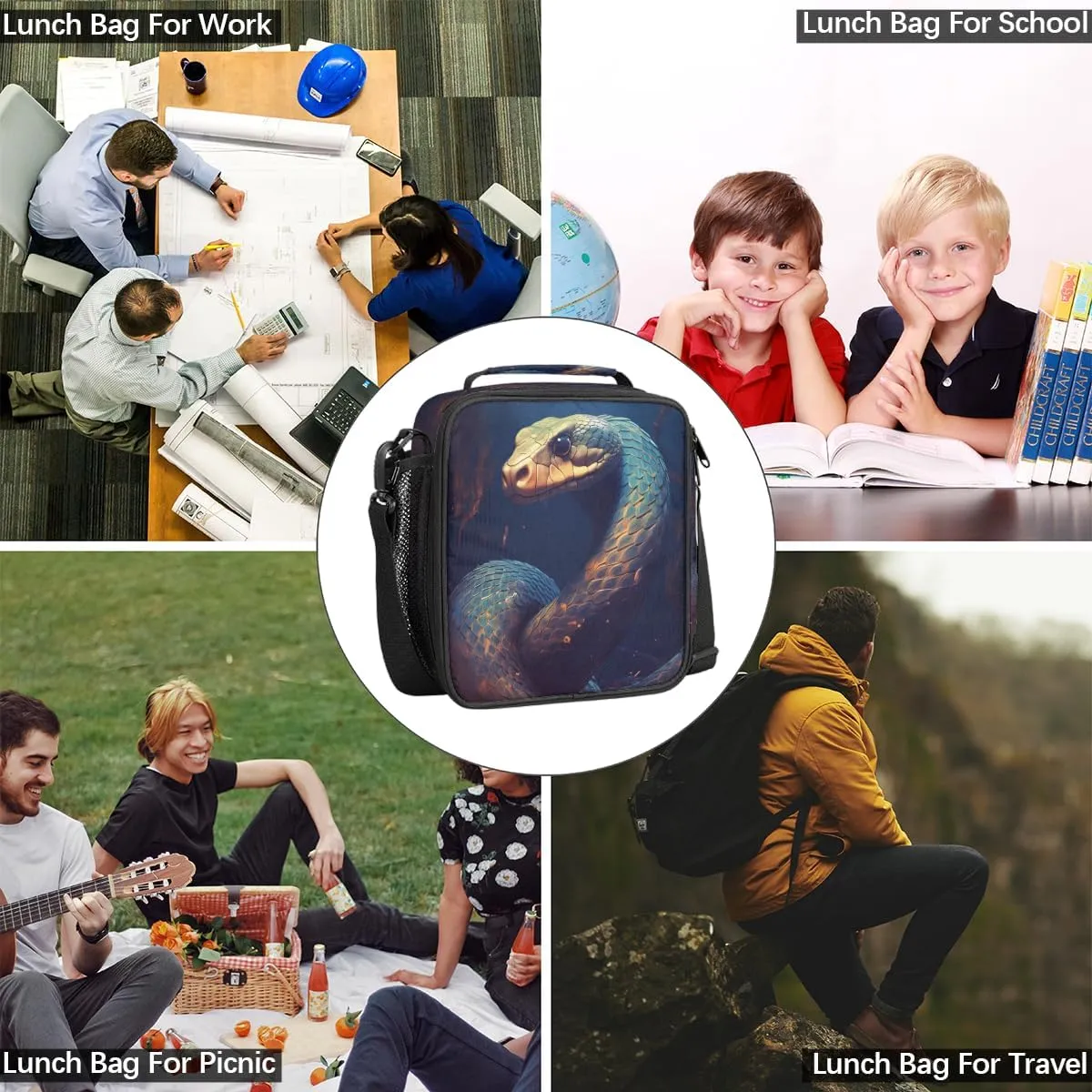 Pardick Cool Snake Insulated Lunch Bag Animal Snake Lunch Box for with Girls Boy Kids Women Men Cooler Lunch Bag Adjustable Shoulder Strap Reusable Thermal Lunch Bag for School Work Picnic Lunch Pail