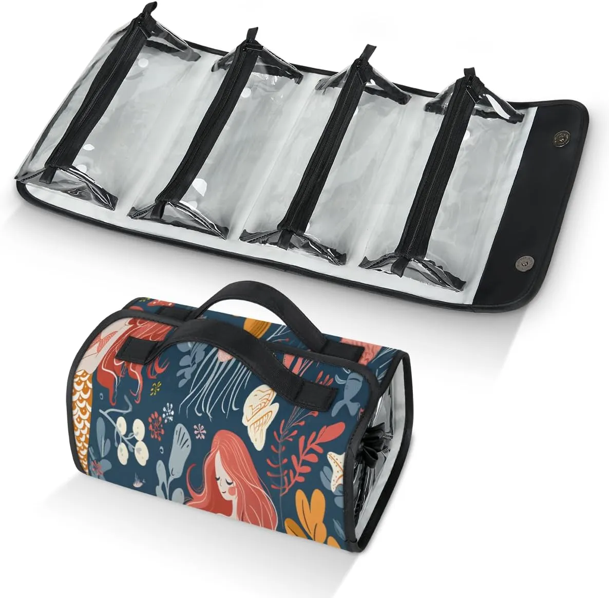 Pardick Mermaid Jellyfish Travel Toiletry Bag Cosmetic Bag Organizer Foldable Waterproof Makeup Bags with 4 PVC Pouches Clear Travel Organizer Bags for Luggage Business Trip