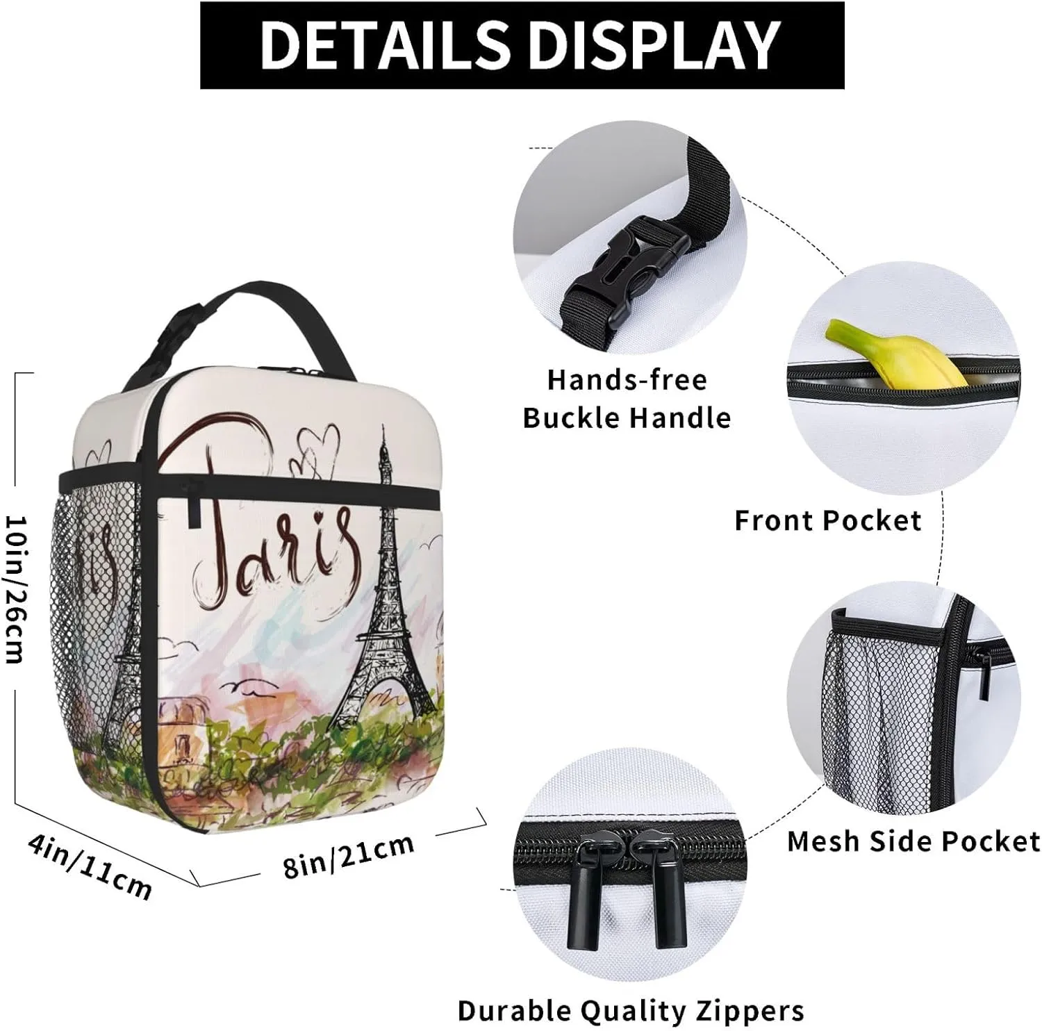 Paris Eiffel Tower Romantic Insulated Lunch Bag Reusable Cooler Lunch Box Portable Leakproof Thermal Container Tote Bags for Girls Boys School Travel