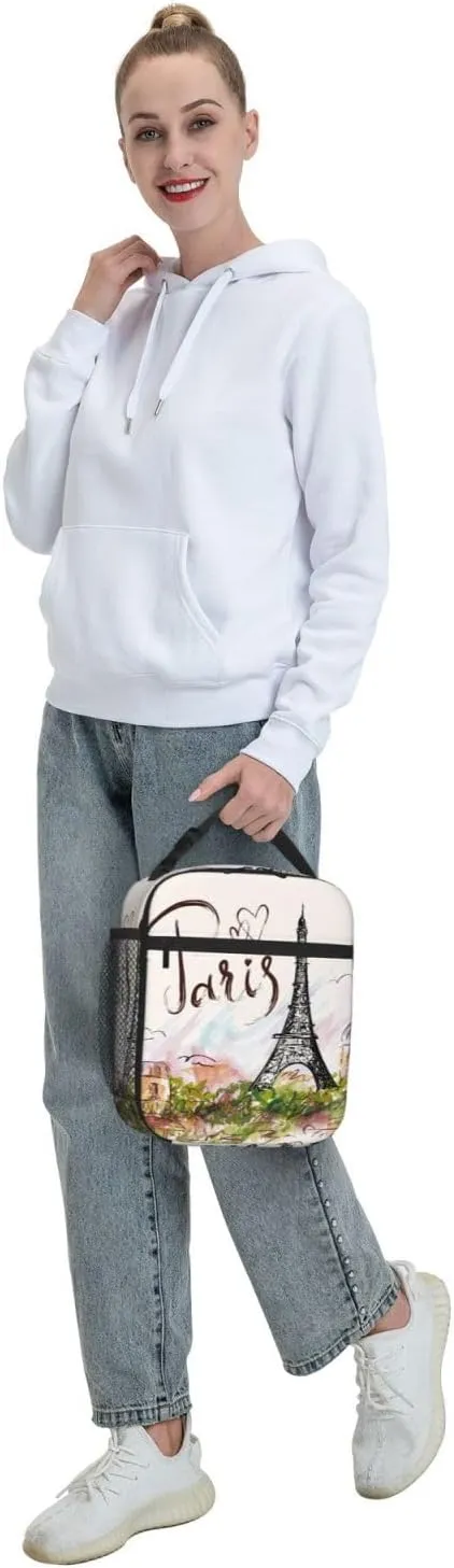 Paris Eiffel Tower Romantic Insulated Lunch Bag Reusable Cooler Lunch Box Portable Leakproof Thermal Container Tote Bags for Girls Boys School Travel