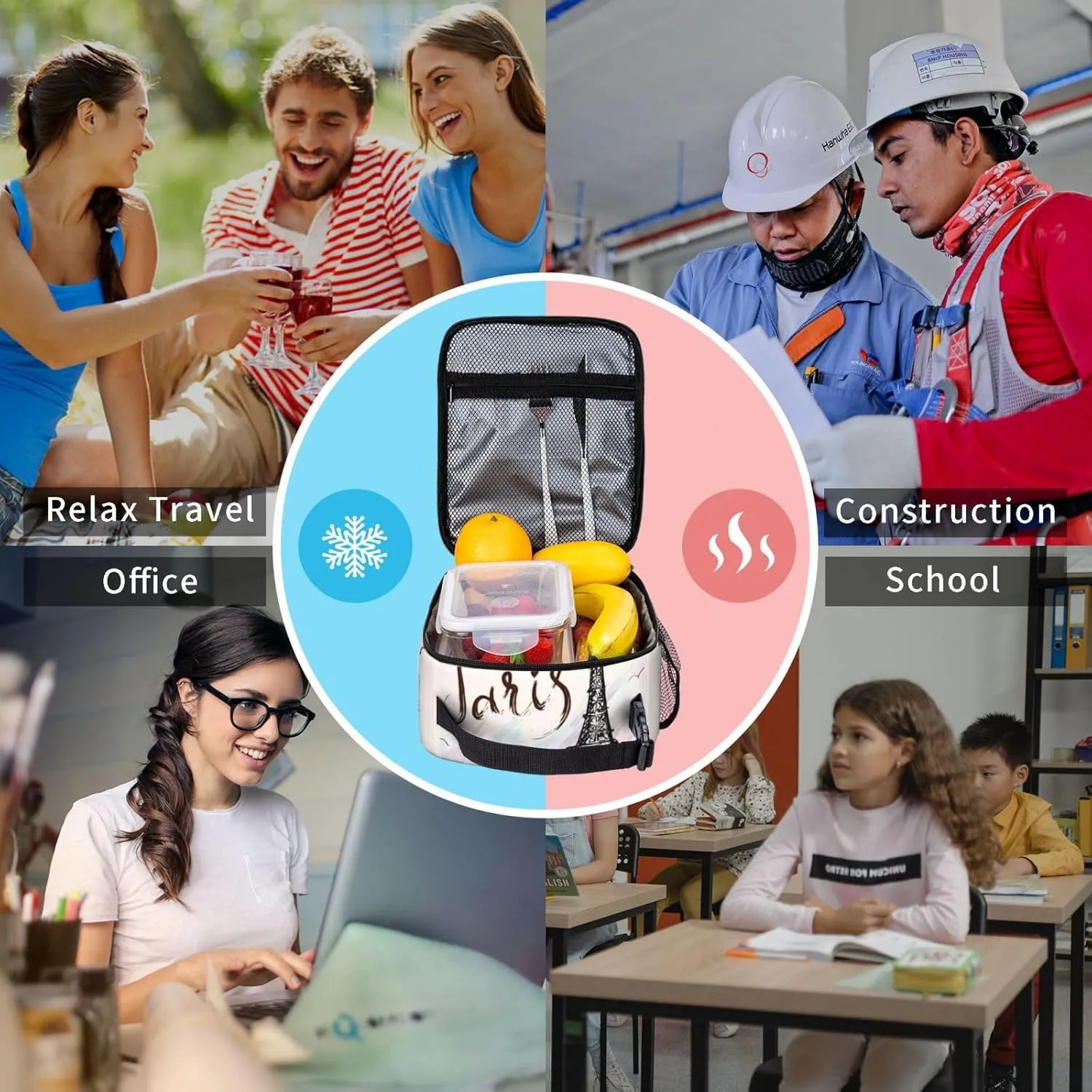 Paris Eiffel Tower Romantic Insulated Lunch Bag Reusable Cooler Lunch Box Portable Leakproof Thermal Container Tote Bags for Girls Boys School Travel
