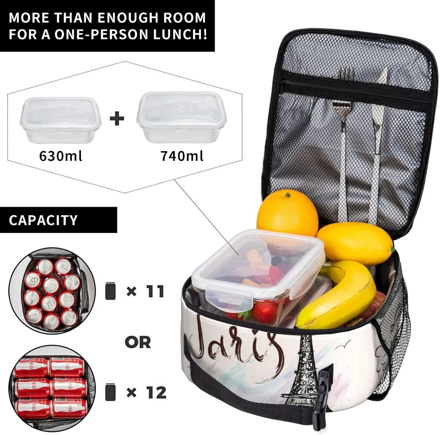 Paris Eiffel Tower Romantic Insulated Lunch Bag Reusable Cooler Lunch Box Portable Leakproof Thermal Container Tote Bags for Girls Boys School Travel
