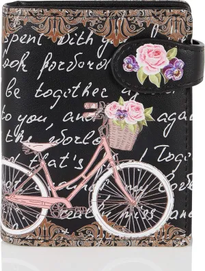 Parisian Bicycle Flowers Black Leatherette Young Ladies Zipper Small Purse, Multicolour, Parisian bicycle